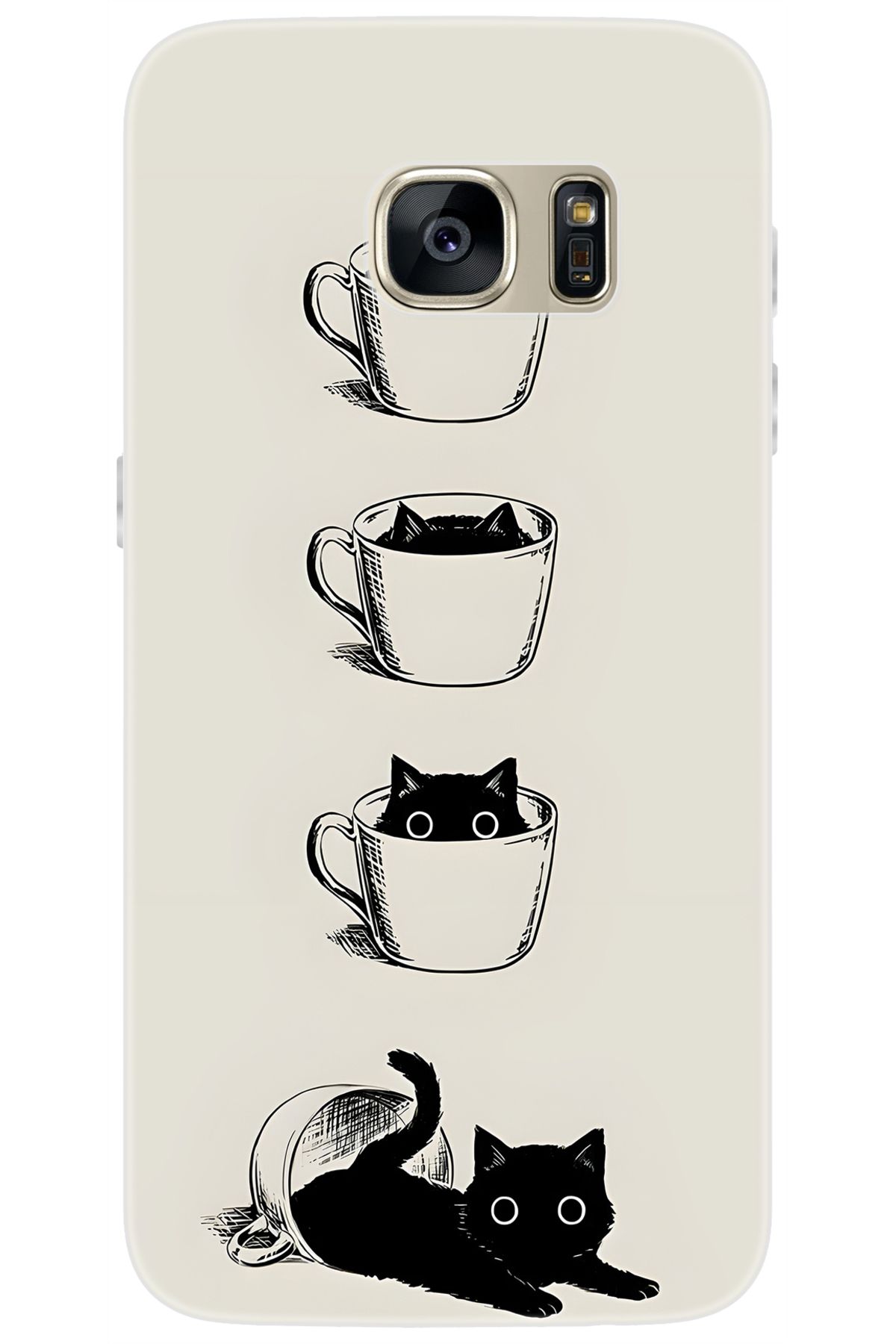Ceppare Samsung Galaxy S7 (SM-G930F) Uyumlu Kılıf Desenli Silikon Kedi ve Kahve Çizimi STK:707 CP-77egWmO