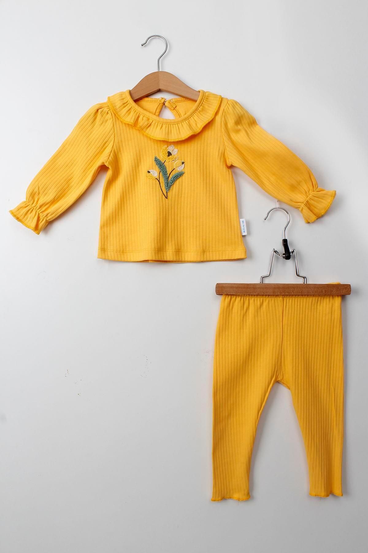 Çocuksan Baby&Kids Wear Kız Bebek Takımı Sarı Renk 2'li Pamuklu Fırfırlı Yaka Çiçek Nakışlı Uzun Kollu Alt Üst Set