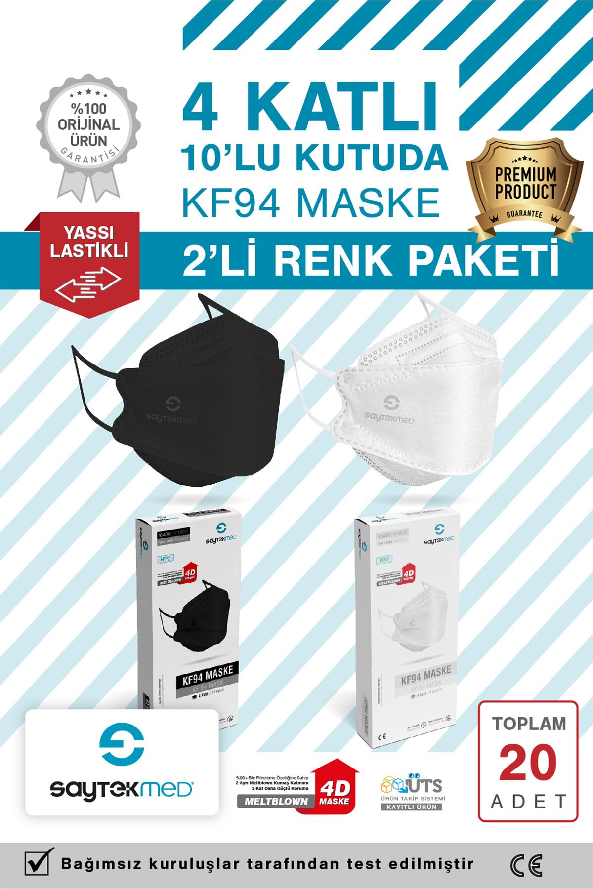 SAYTEKMED KF94 Kore Tipi, 4 katlı, 20 Adet Beyaz ve Siyah Maske, Tekli Paket, UV Steril (2 kutu/20 adet)