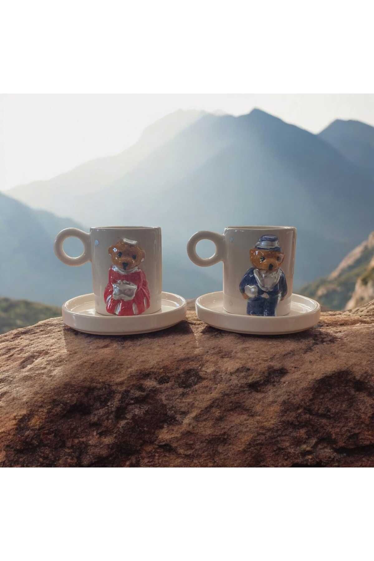 seda seramik El Yapımı Ayı Teddy Gümüş Yaldızlı 2 Kişilik 4 Parçalı Kahve Fincan Takımı 110 ml
