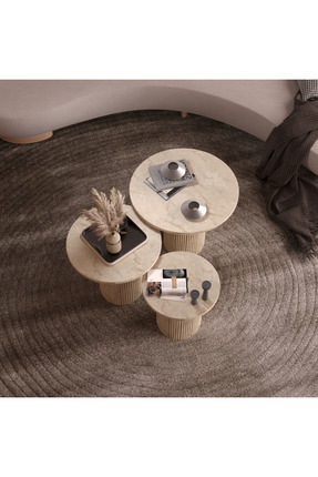 klubeconcept Bohem Traverten Desenli 3'lü Silindirik Orta Sehpa Seti 100% MDF