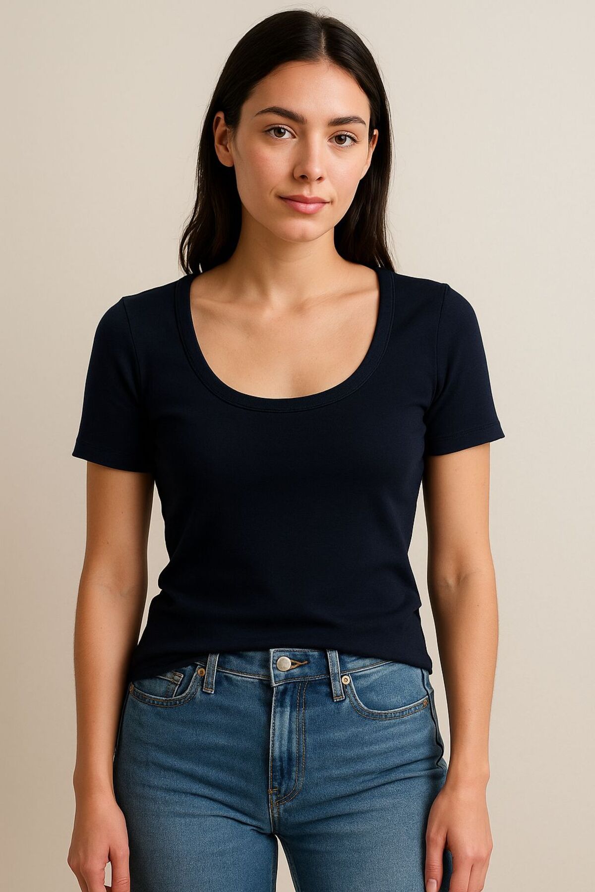 ALABUGAE Kare Yaka Lacivert Basic T-Shirt