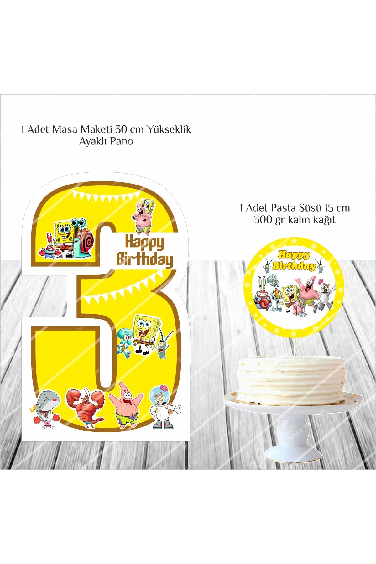 SİYAH PARTİ EVİ Sünger Bob 3 Yaş Doğum Günü Masa Maketi / Pasta Süsü