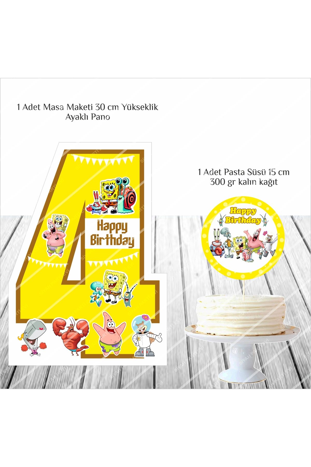 SİYAH PARTİ EVİ Sünger Bob 4 Yaş Doğum Günü Masa Maketi / Pasta Süsü