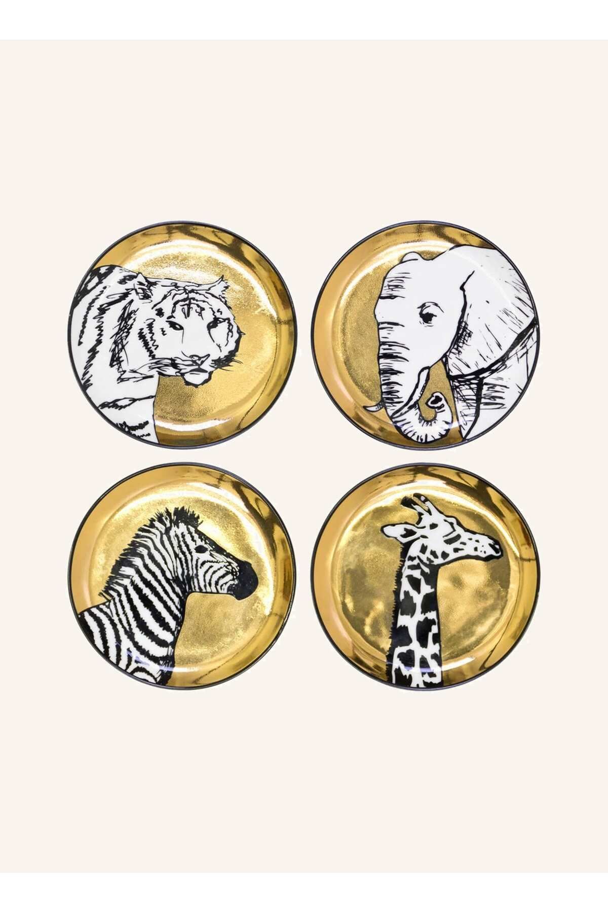 Jonathan Adler Animalia 4’lü Bardak Altlığı Seti 10 cm, Porselen Altın Detaylı