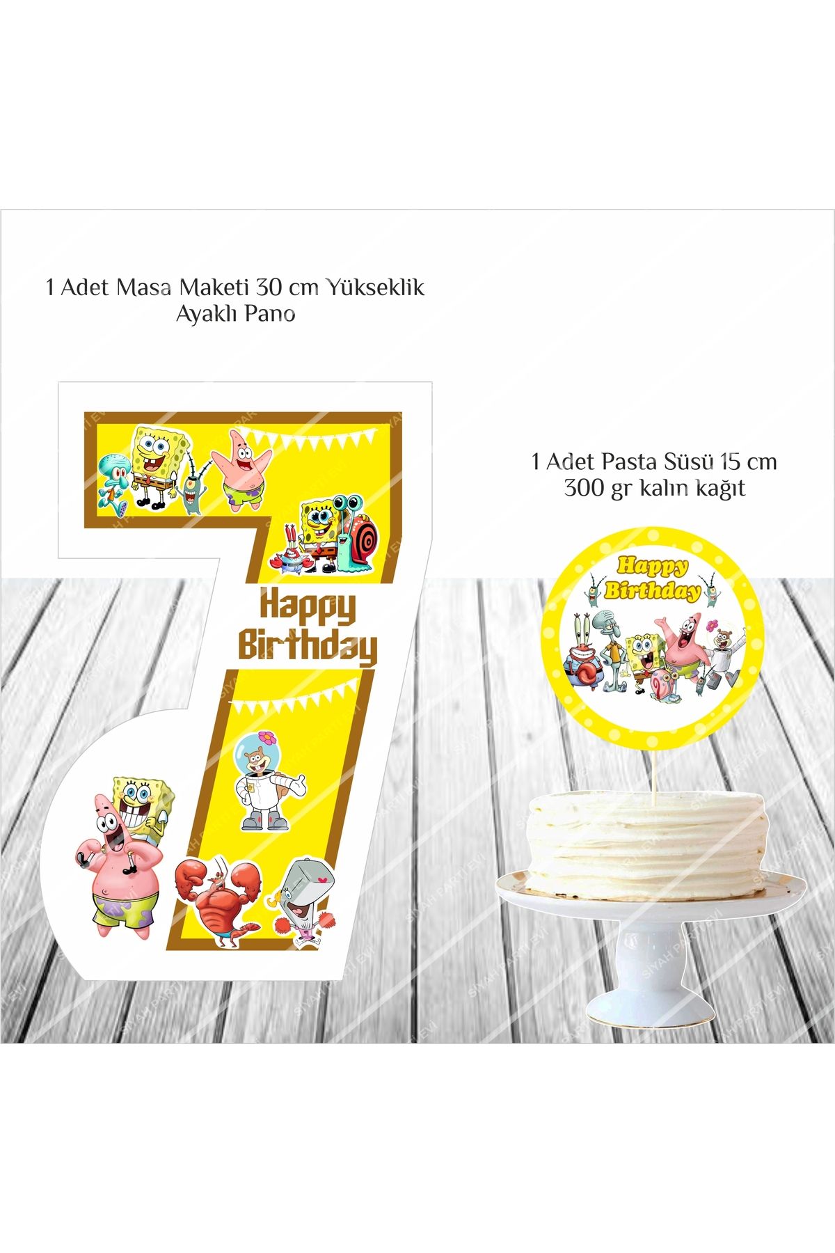 SİYAH PARTİ EVİ Sünger Bob 7 Yaş Doğum Günü Masa Maketi / Pasta Süsü