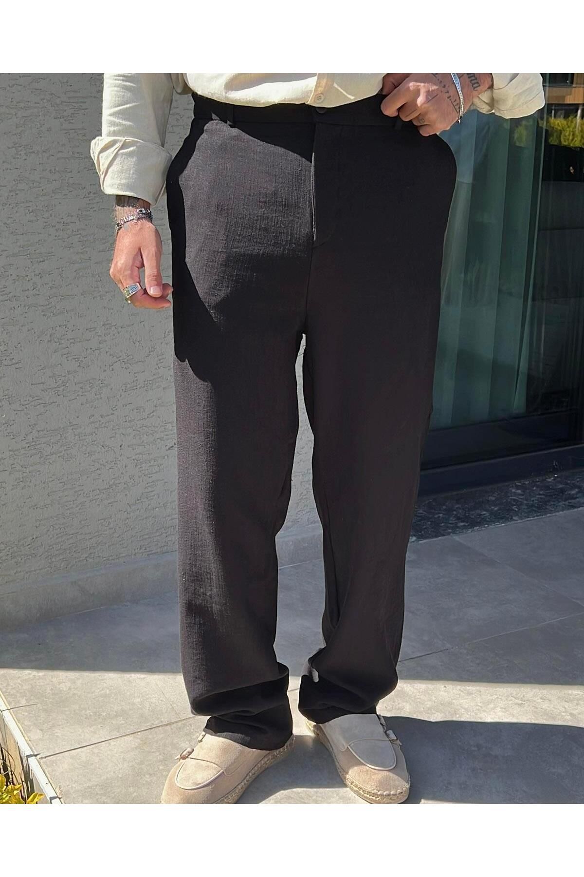 Elzem Keten Baggy Basic Pantolon Siyah