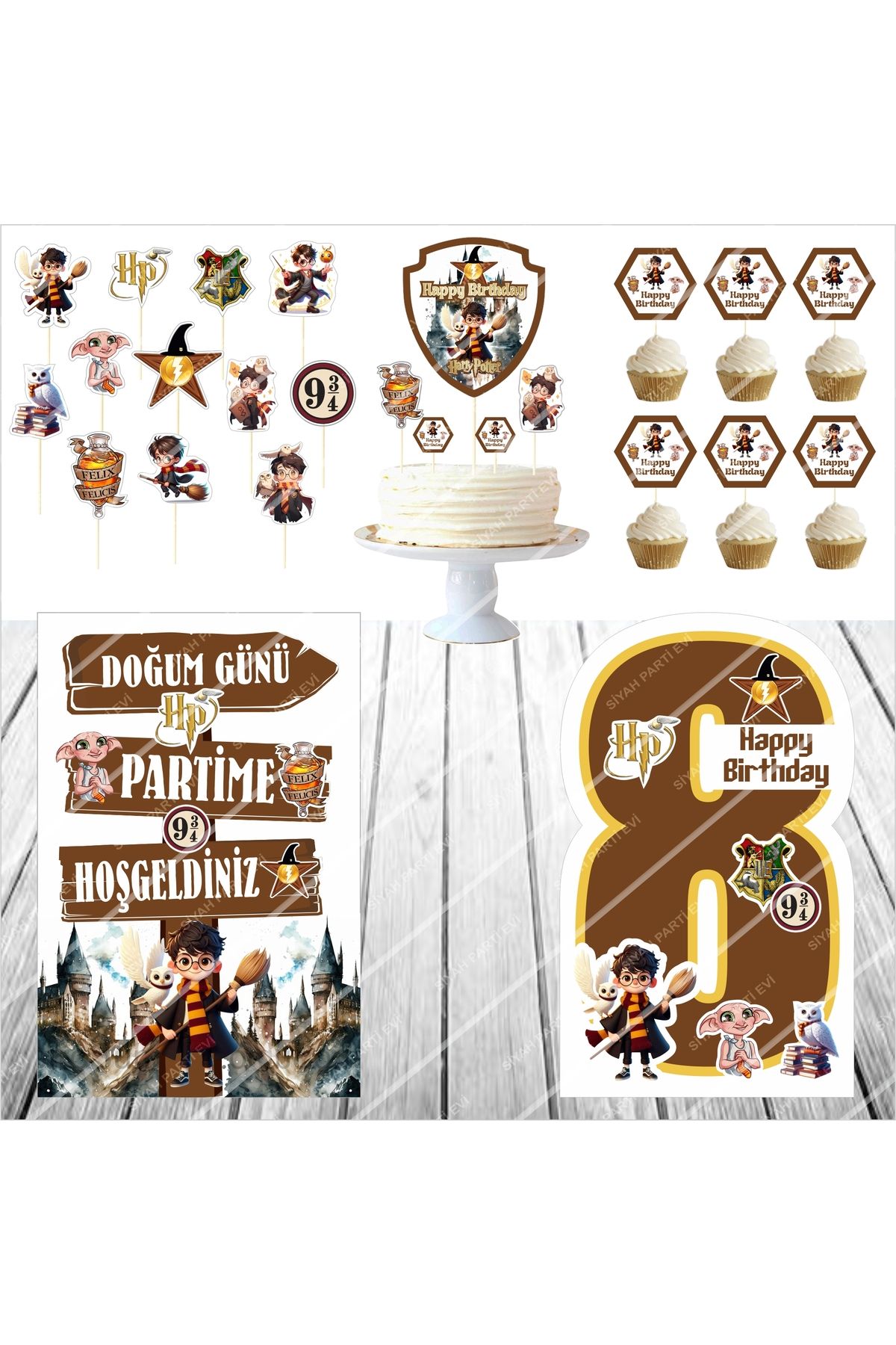 SİYAH PARTİ EVİ 8 Yaş Harry Potter Doğum Günü Pasta Süsü Ayaklı Pano Seti