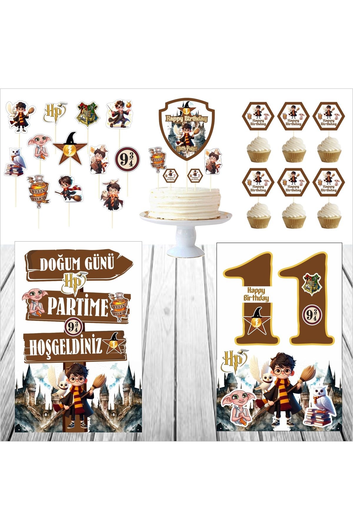 SİYAH PARTİ EVİ 11 Yaş Harry Potter Doğum Günü Pasta Süsü Ayaklı Pano Seti