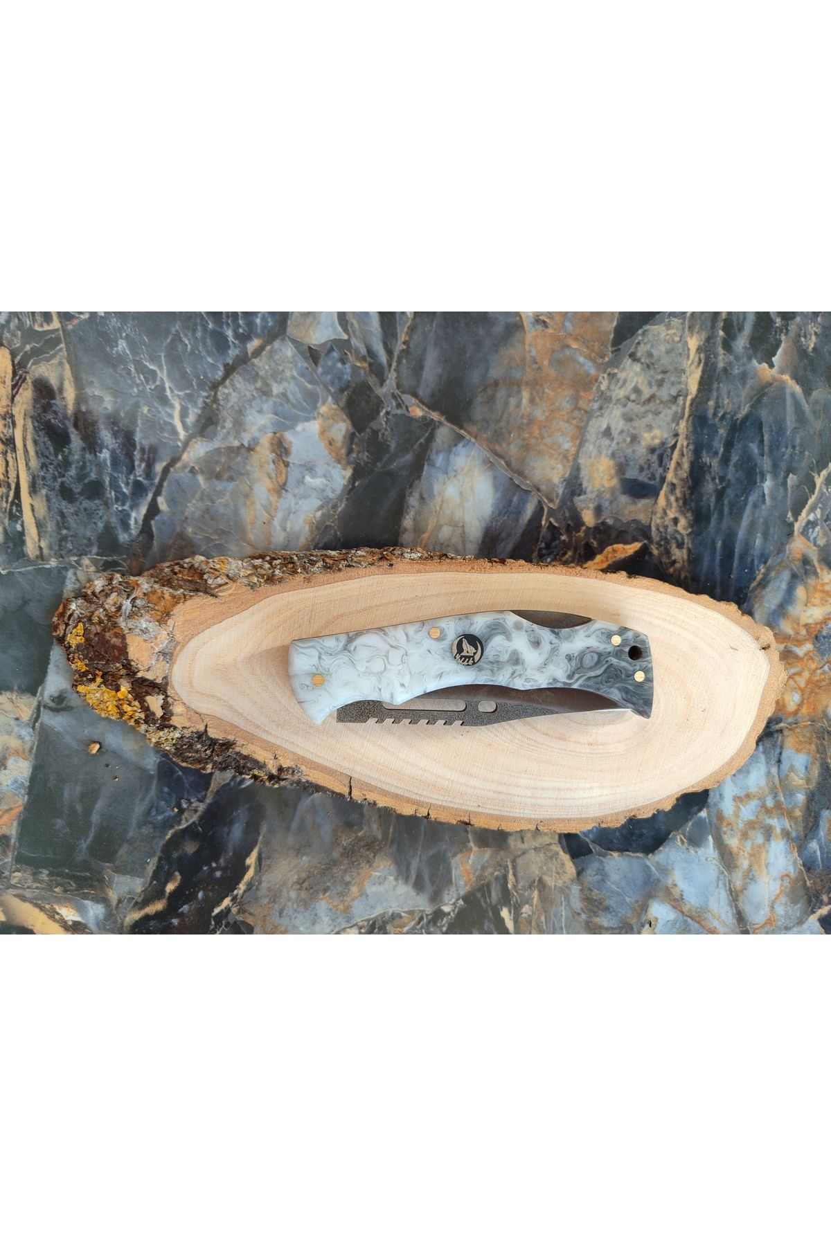 empressnaturalstone Epoksi kabze Buscraft N690 Çelik Çakı – 21 cm, Gri-Beyaz