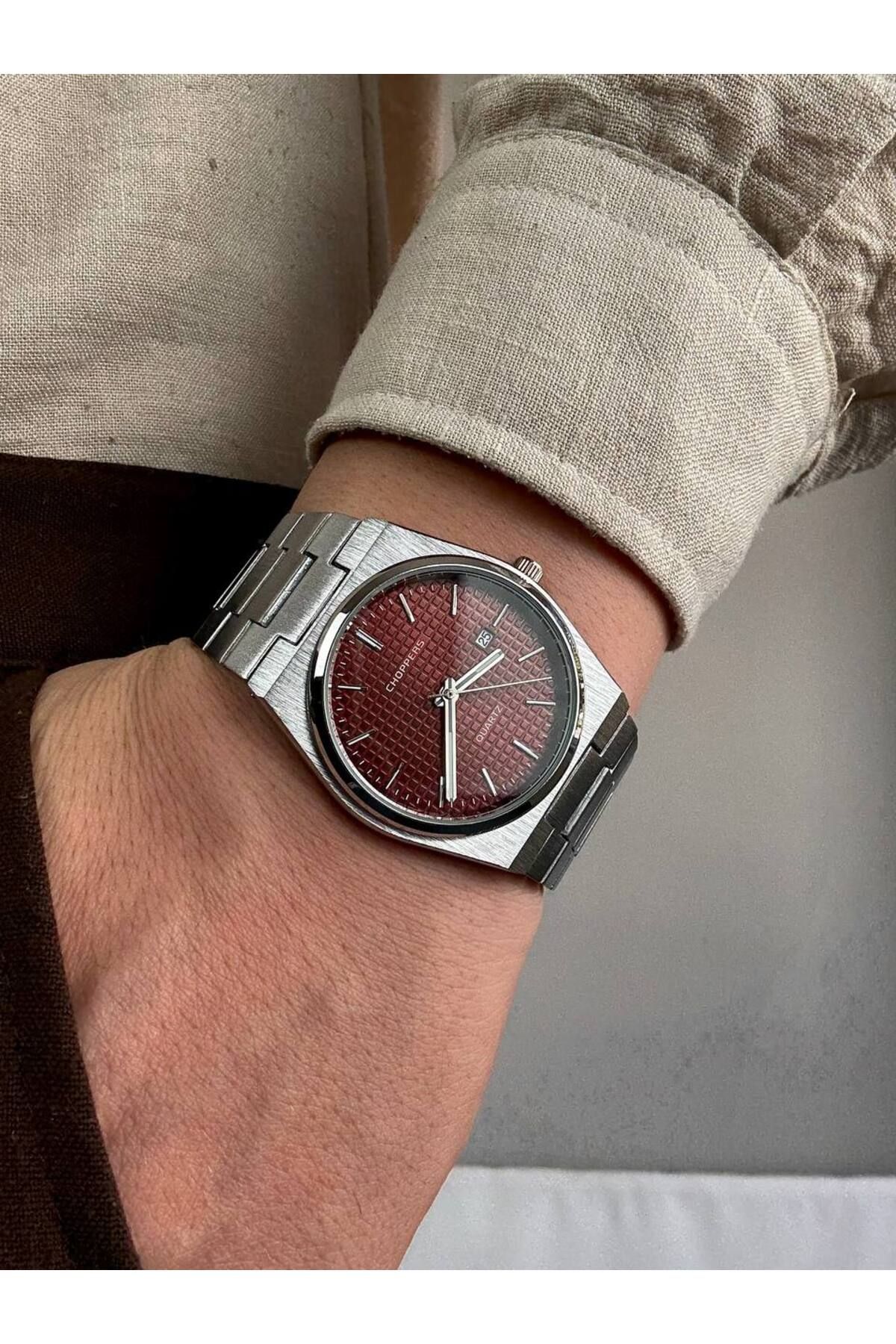 Arvens Vintage İçi Kırmızı Erkek Kol Saati Paslanmaz Çelik Kordon Sağlam Çelik Kasa Renk Atmaz Kararmaz