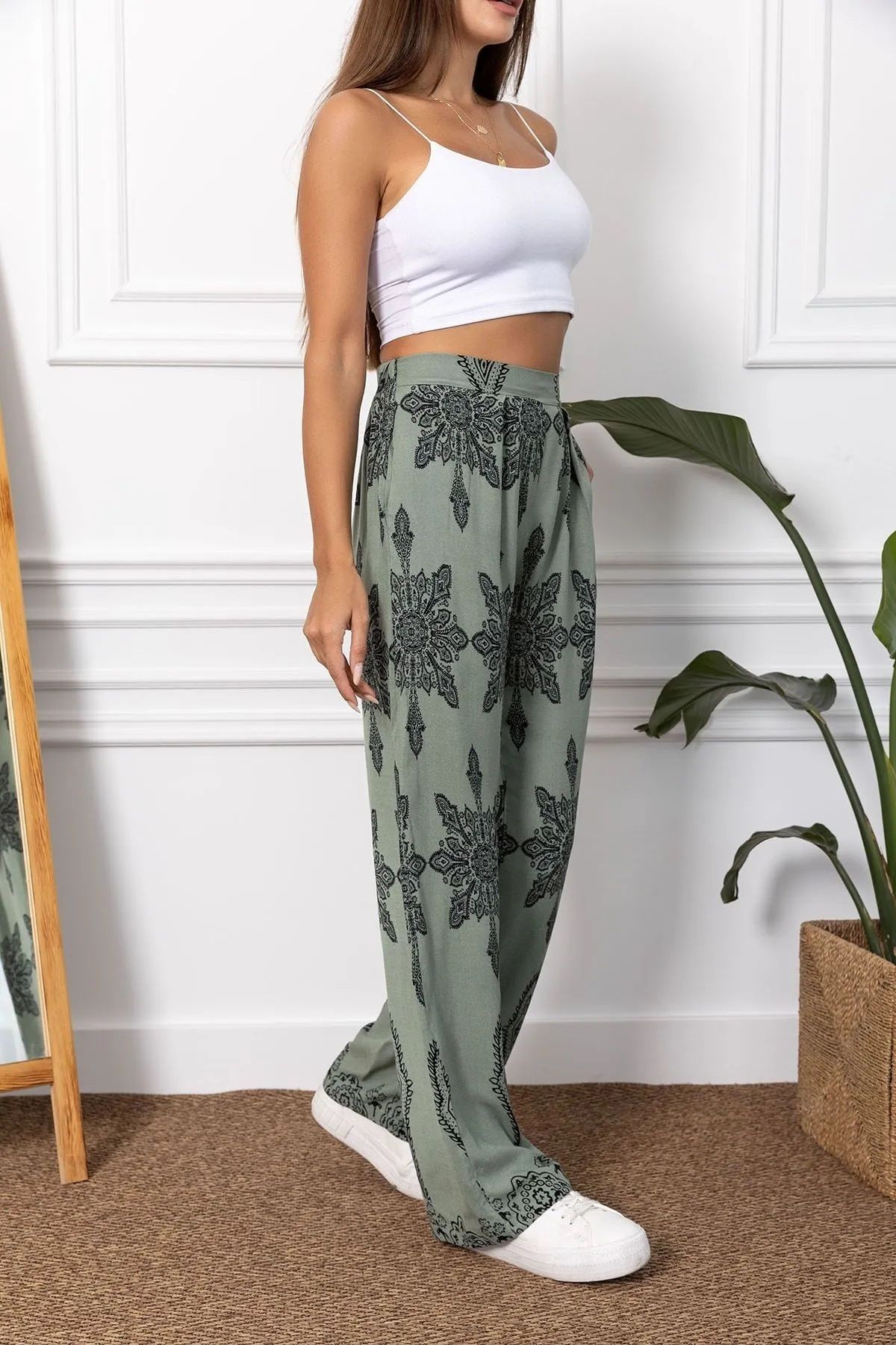 Namaste Vintage Yeşil beli lastikli etnik desenli bol paça viskon pantolon