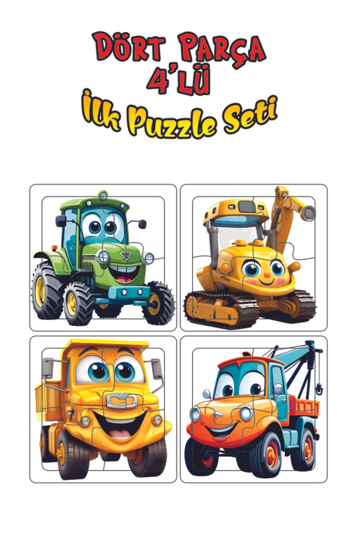 Leelii Tasarım Sevimli İş Makinaları İlk Puzzle Traktör, Kamyon, Çekici, Ekskavatör Ahşap Puzzle 4 Parça 4'lü Set