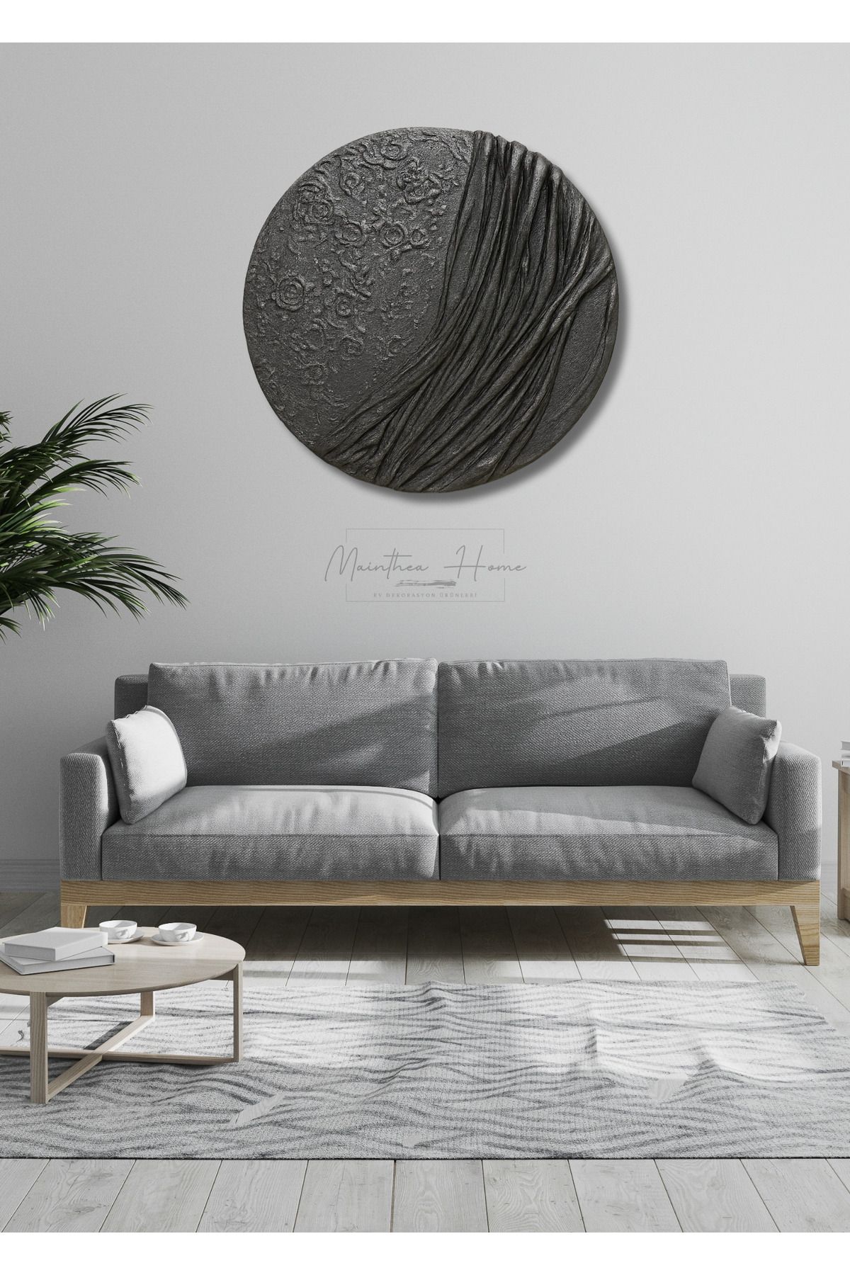 MAİNTHEAHOME Dokulu Yuvarlak Alçı Tablo - Ayın Yansısı | El Yapımı 3D Dekoratif Duvar Tablosu Metalik