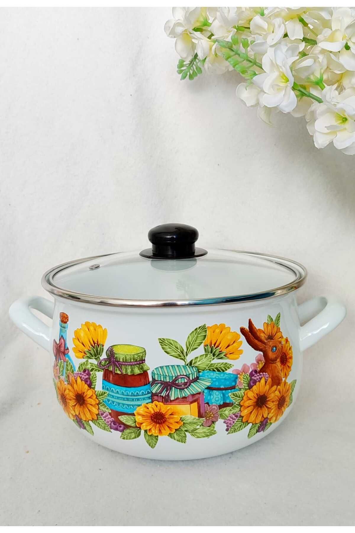 EBRULİEMAYE AYÇİÇEĞİ TAVŞAN EMAYE TENCERE 3,7 LİTRE 22 CM SÜT YOĞURT ÇORBA TENCERESİ