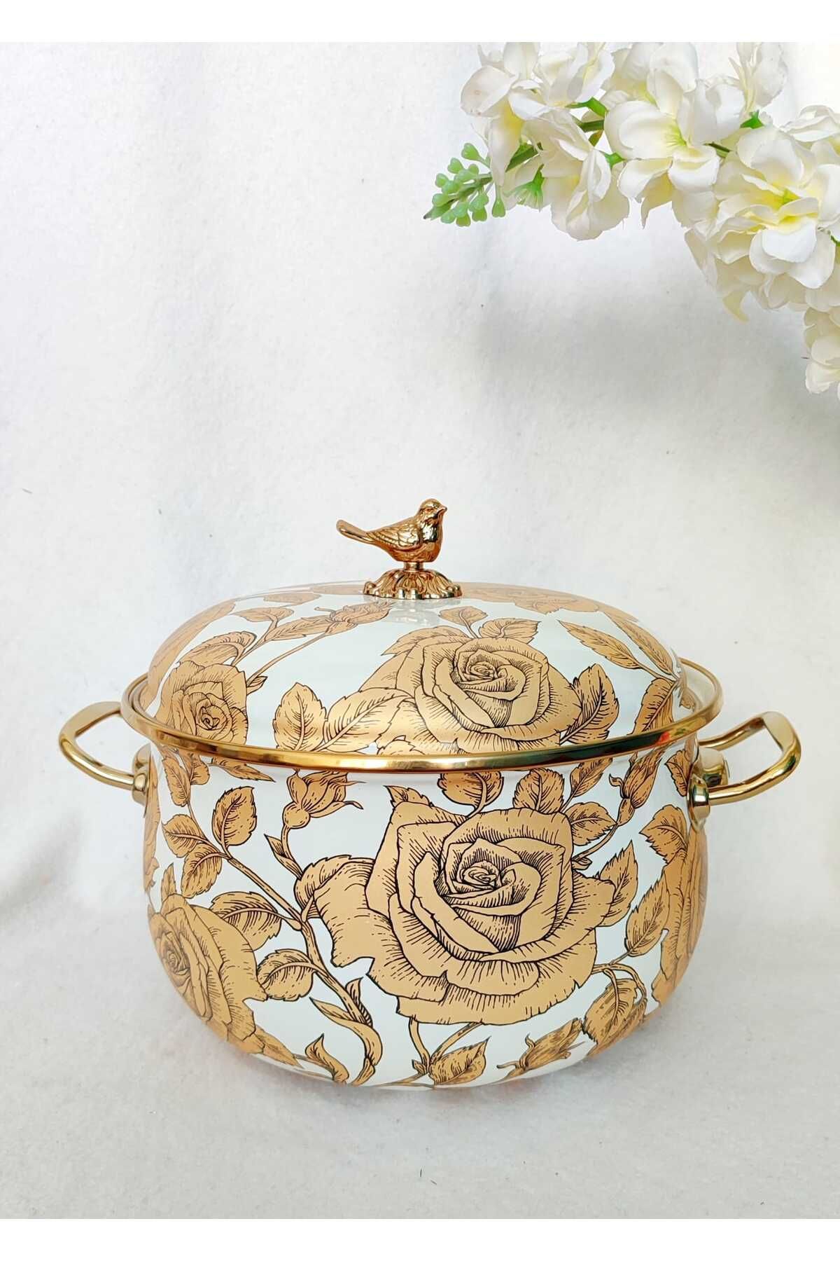 EBRULİEMAYE SARI GÜL GOLD LÜX EMAYE TENCERE 5 LİTRE 24 CM SÜT YOĞURT ÇORBA TENCERESİ