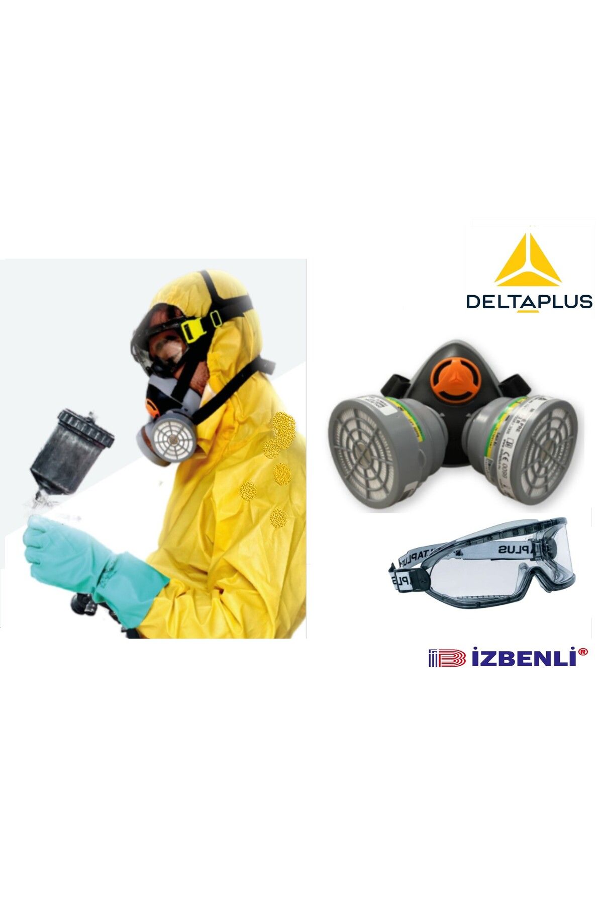 Delta Plus ABEK1 Tiner Vernik Reçine Epoksi Boya Oto Boya Toz Için Yarım Yüz Gaz Maske (FİLTRELİ)+Goggle Gözlük