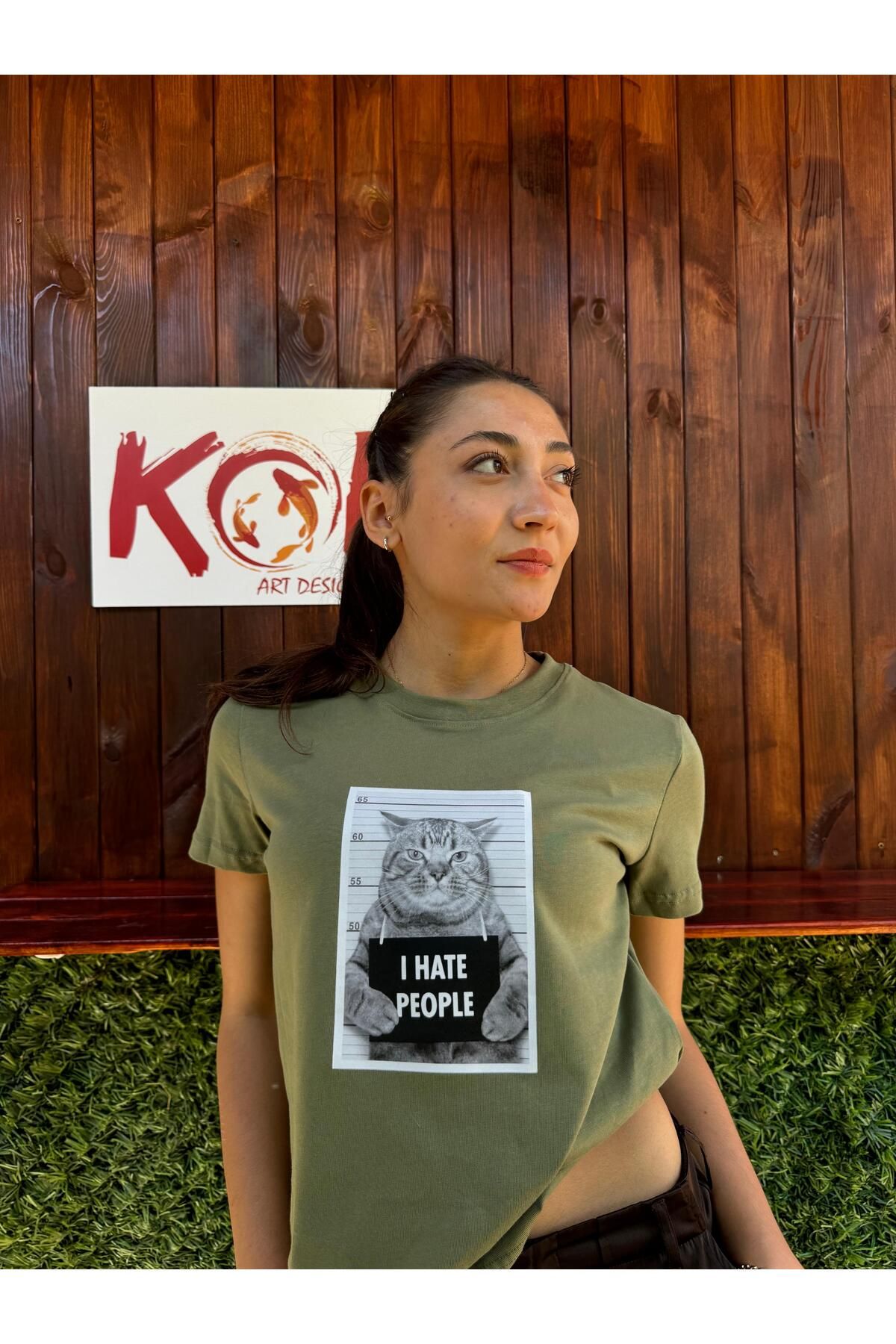 Butik I Hate People Cat / Kadın Haki Renk T-Shirt