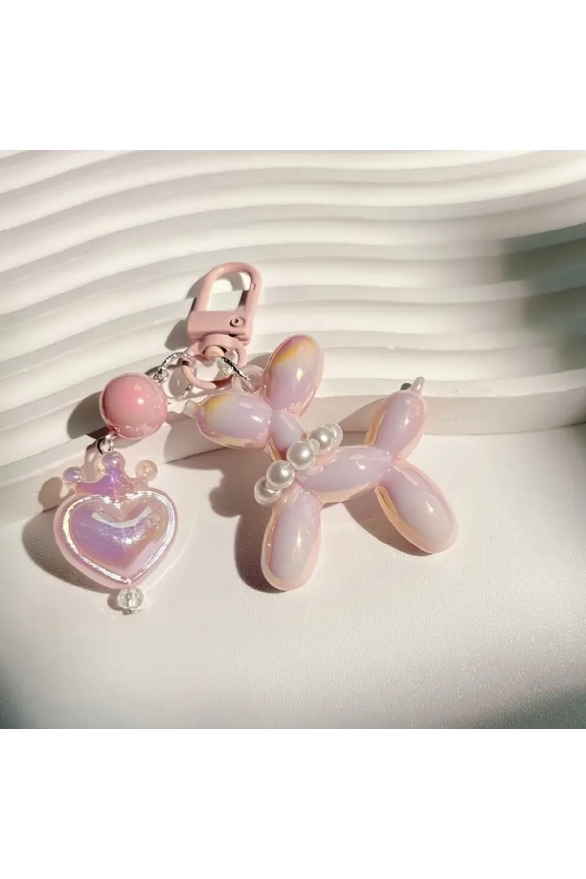 Accessories Vanilla Avenue Pembe İncili Parlak Balon Köpek Kalp Detaylı Zarif Kadın Anahtarlık Aksesuar