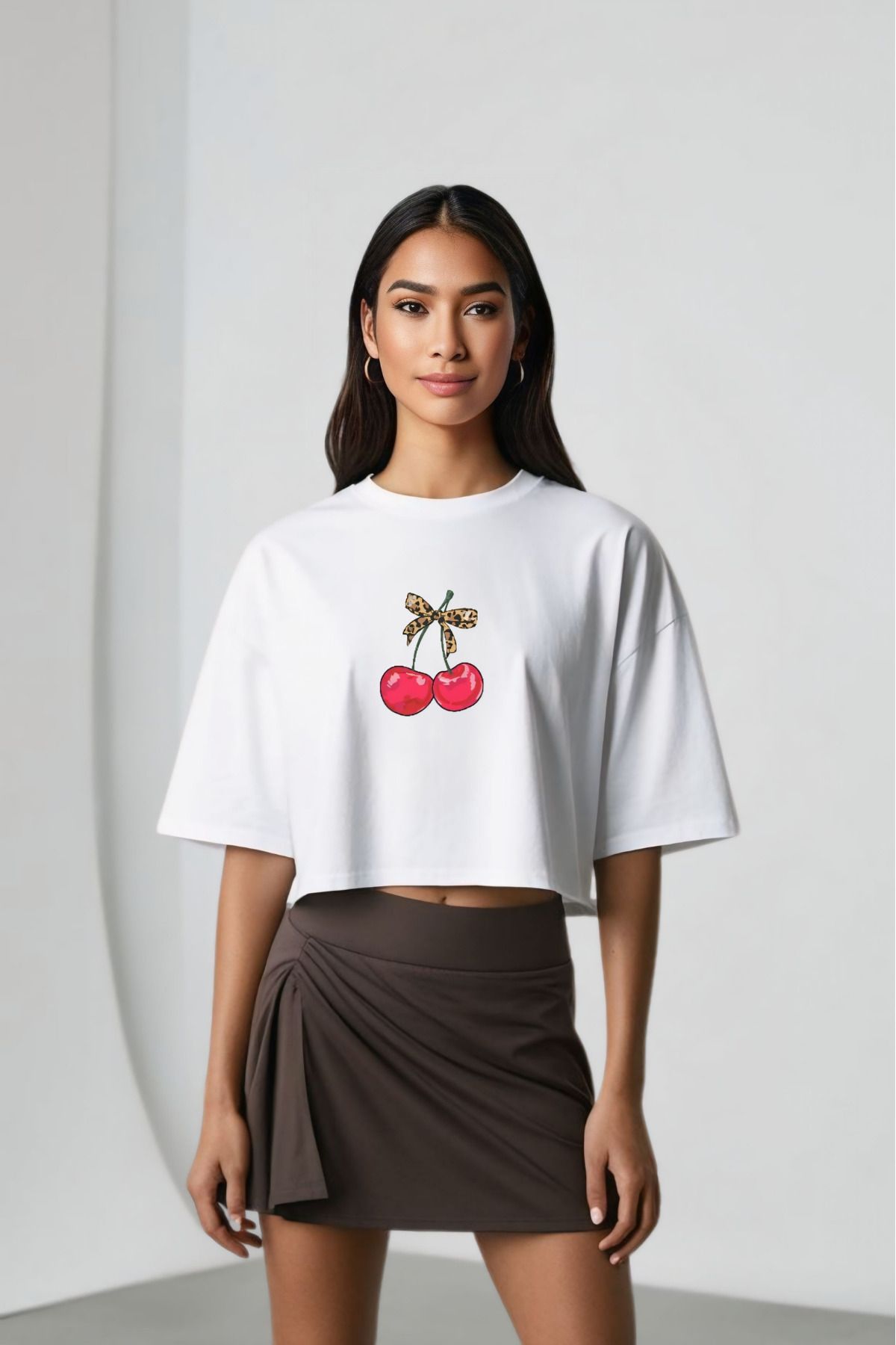 Butik Leopar Kirazlı Tasarım Pamuklu Crop Oversize Tshirt