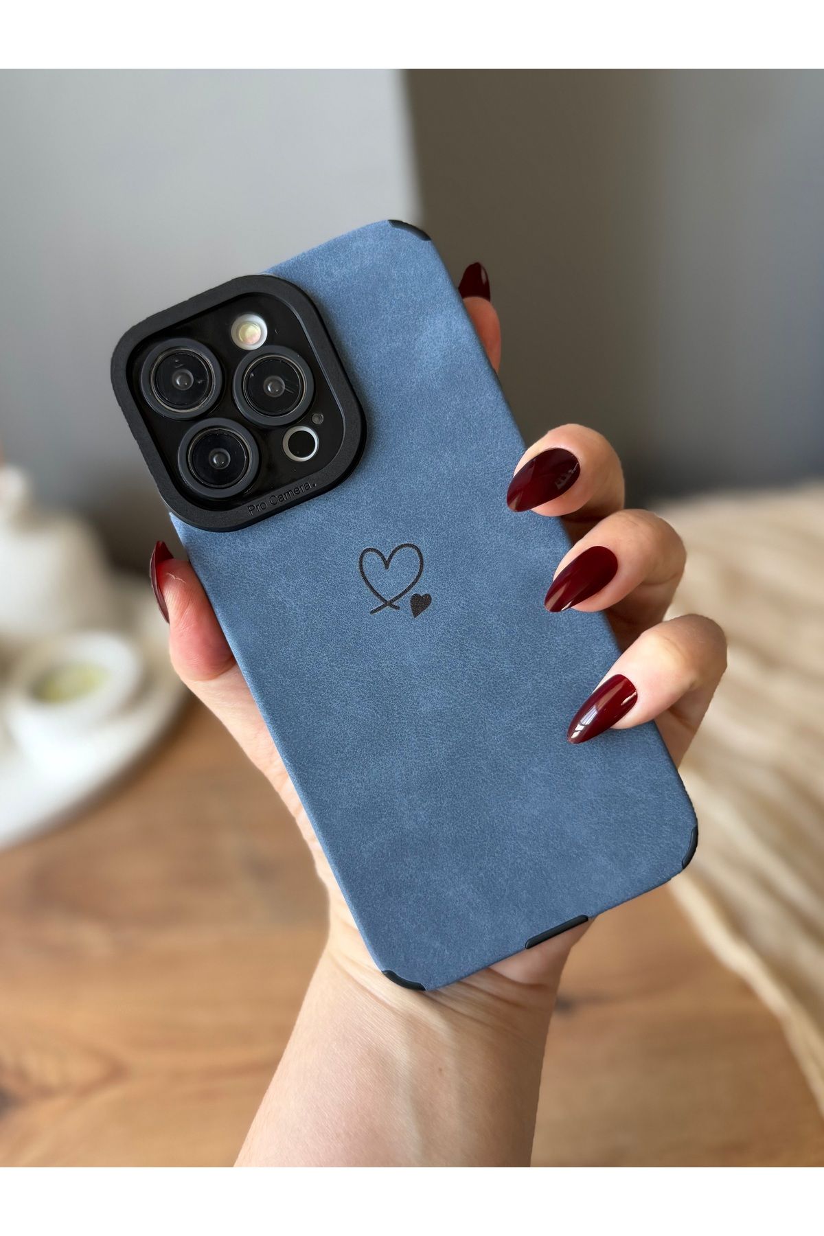 MirazTasarim IPHONE 14 PROMAX MAVİ/SİYAH DERİ DOKULU KILIF