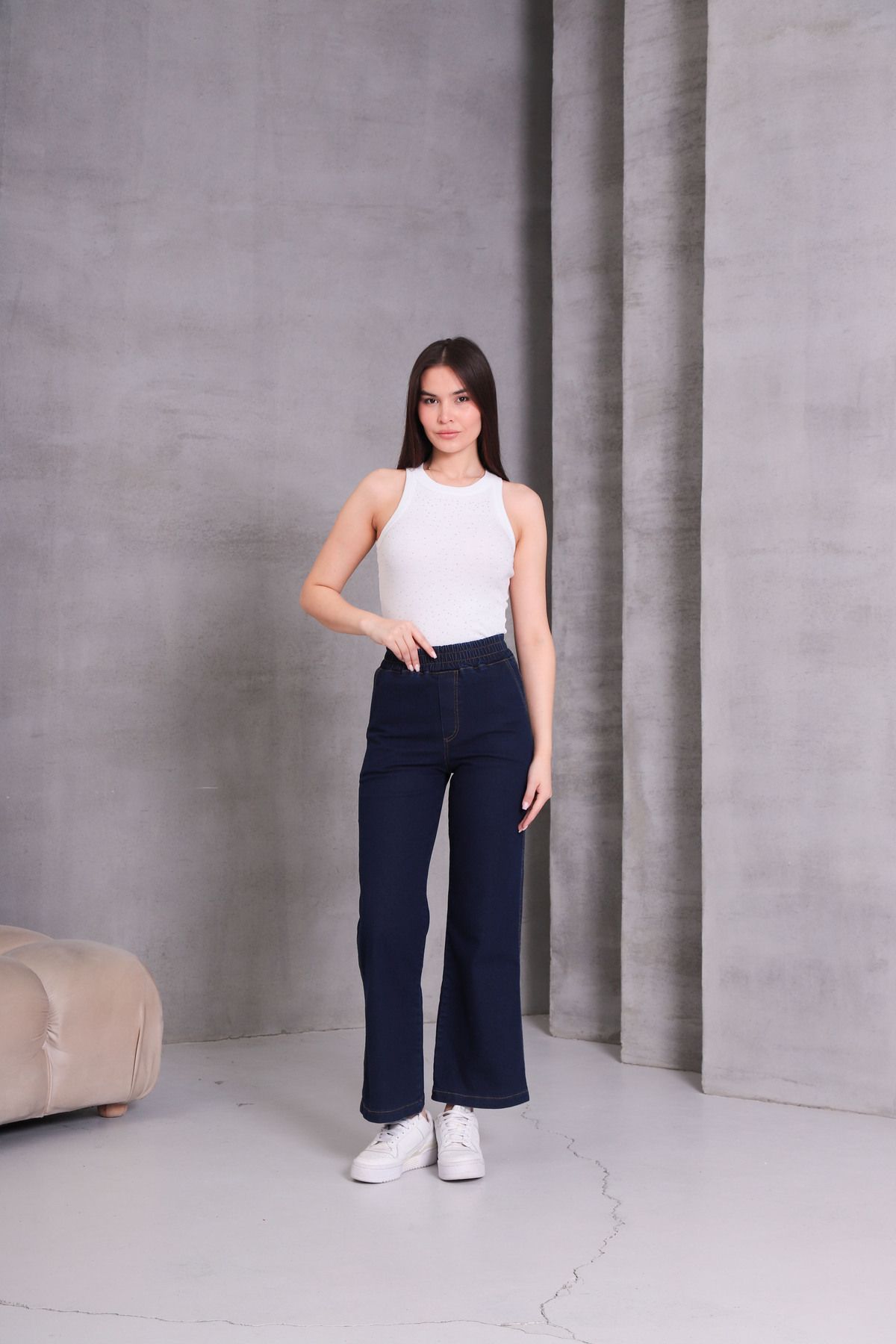 GÜLİZİM BUTİK Gülizim Butik Koyu Mavi Kadın Beli Lastikli Yüksek Bel Likralı Büyük-küçük Beden Jeans
