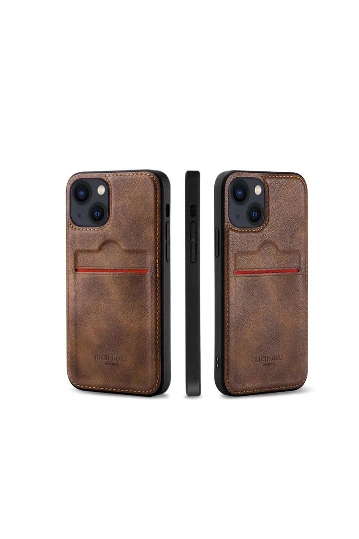 DESİNGSHOP Desingshop Apple iPhone 15 Plus Kartlıklı Lüx Deri Kılıf Koyu Kahverengi