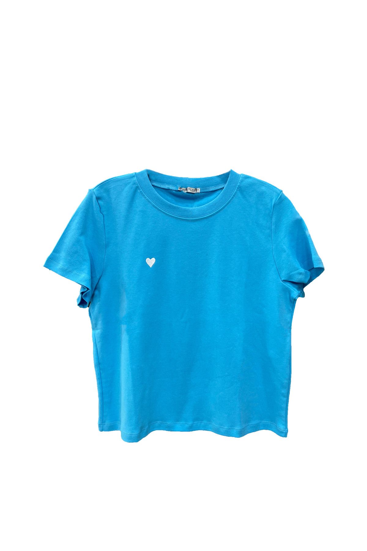modaparis outlet Bisiklet Yaka Likralı Kalp İşlemeli %100 Pamuklu T-shirt Mavi