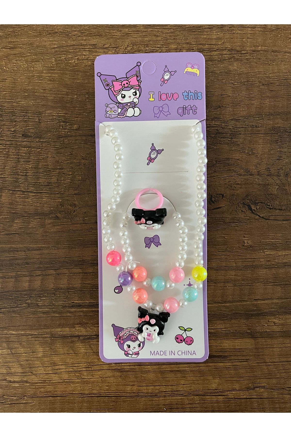 BATU GİYİM Kız Çocuk Sanrio Kuromi Kolye Bileklik Yüzük Seti Karne Bayram Hediyesi