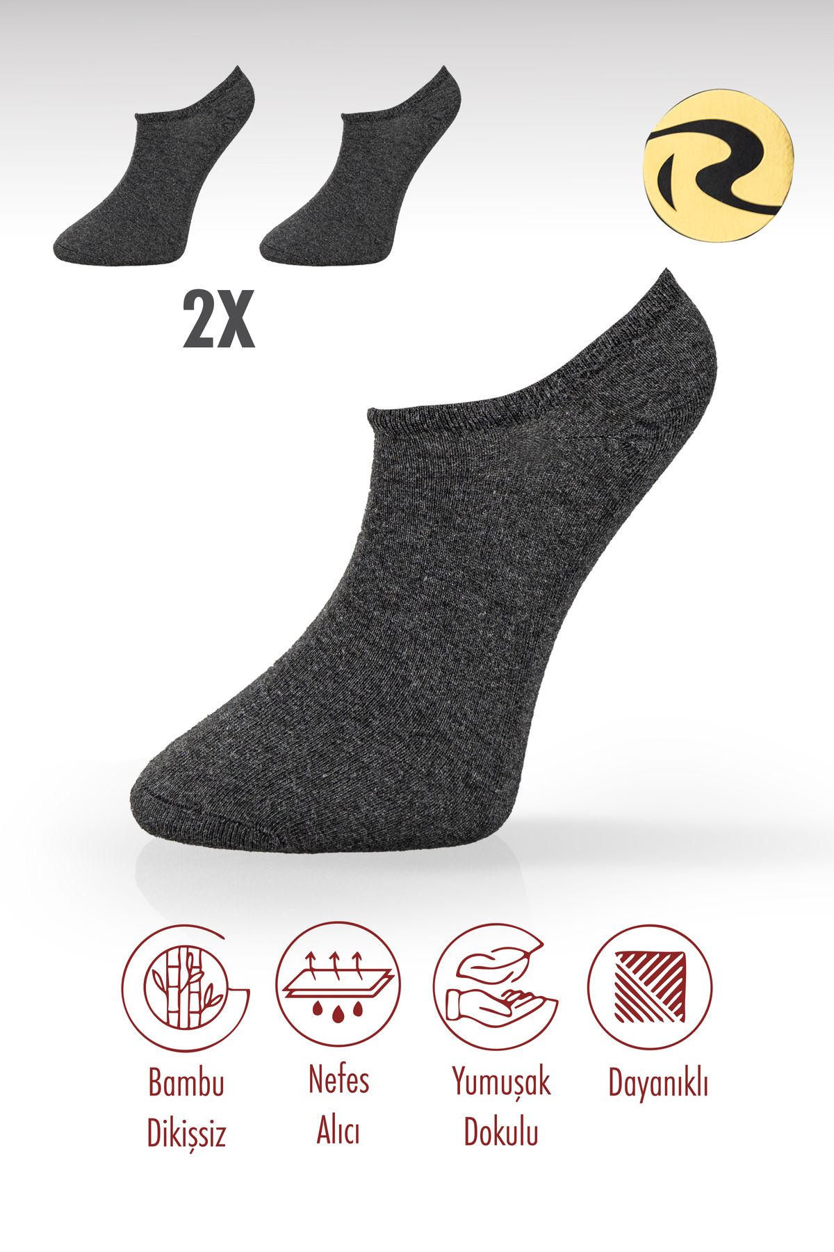Roff Bambu Sneaker Kadın Çorap Dikişsiz Görünmez Bilekte Spor Çorap Premium 2'li
