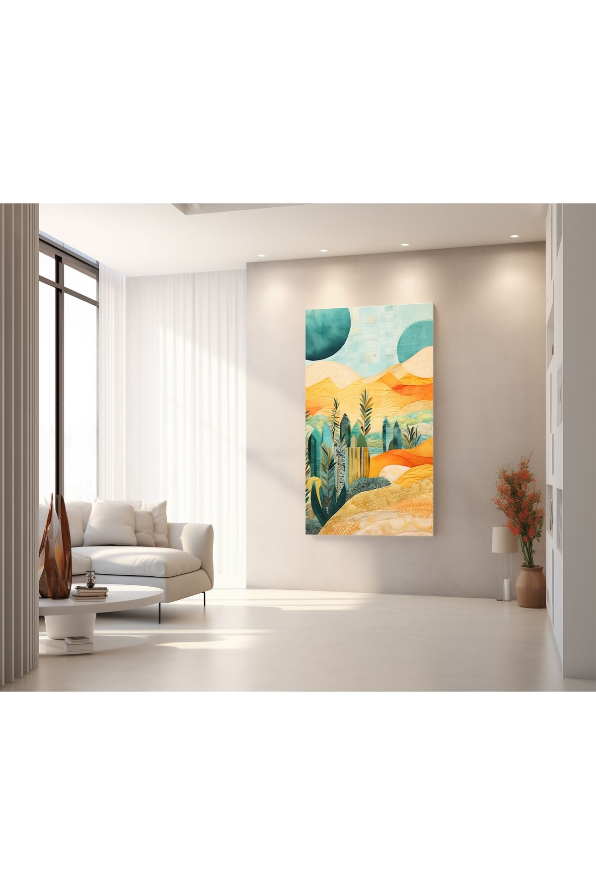 titer %100 Pamuklu 60X35 Cm. Kanvas Tablo - Geometrik Manzara Pastel Tonlar UV Baskı Poster (3x3 cm Şase)
