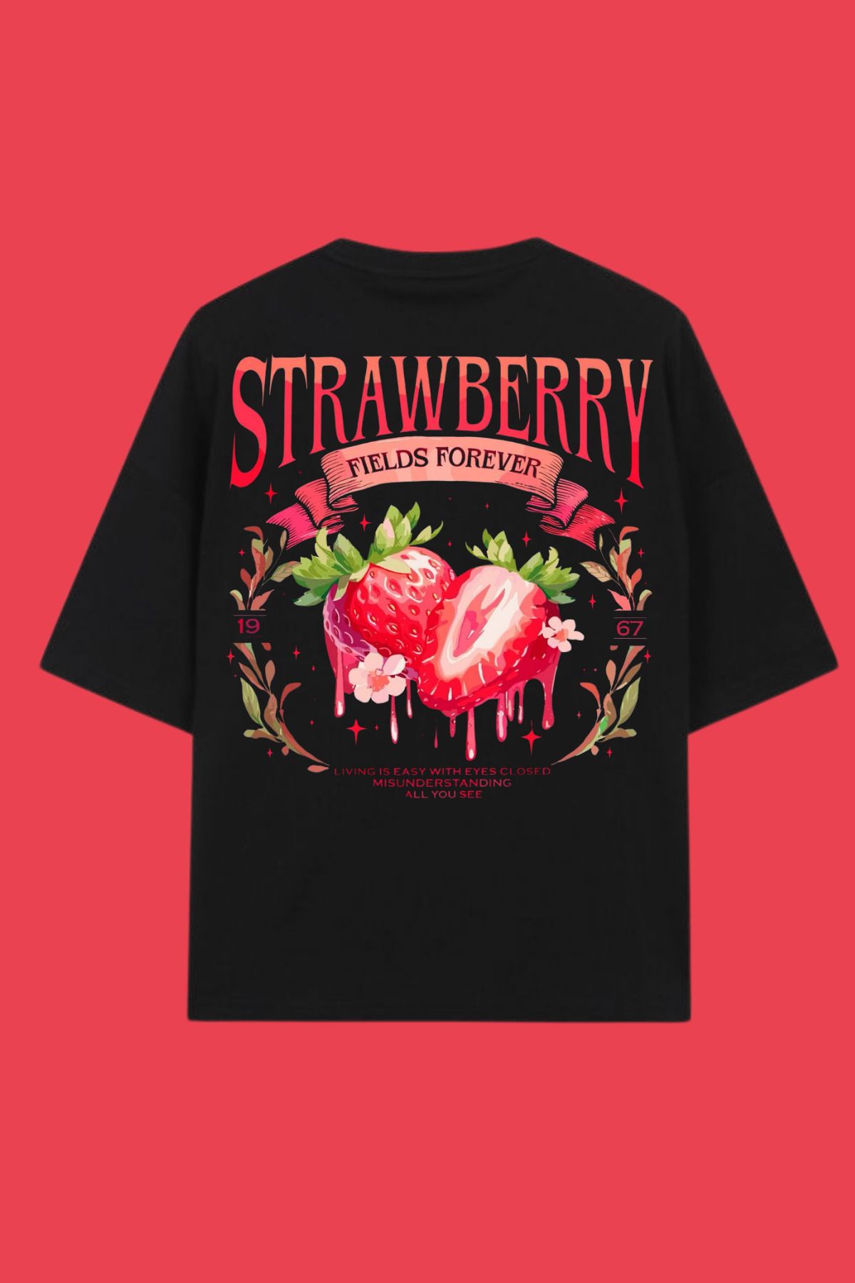 Dupe Design Strawberry Baskılı Oversize Unisex Siyah T-shirt