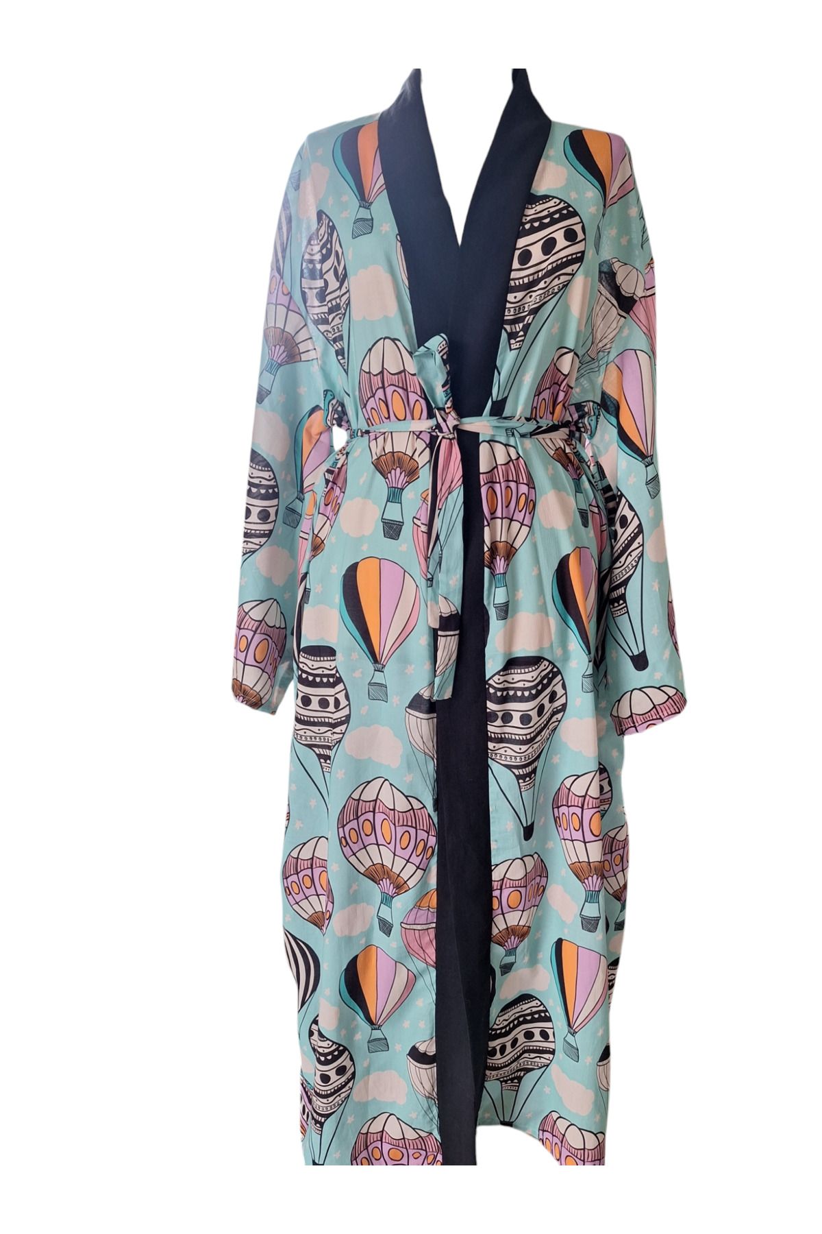 Hoyaa Bella Design Mavi Renk Balon Desenli Özel Tasarım Uzun %100 Pamuk Kimono