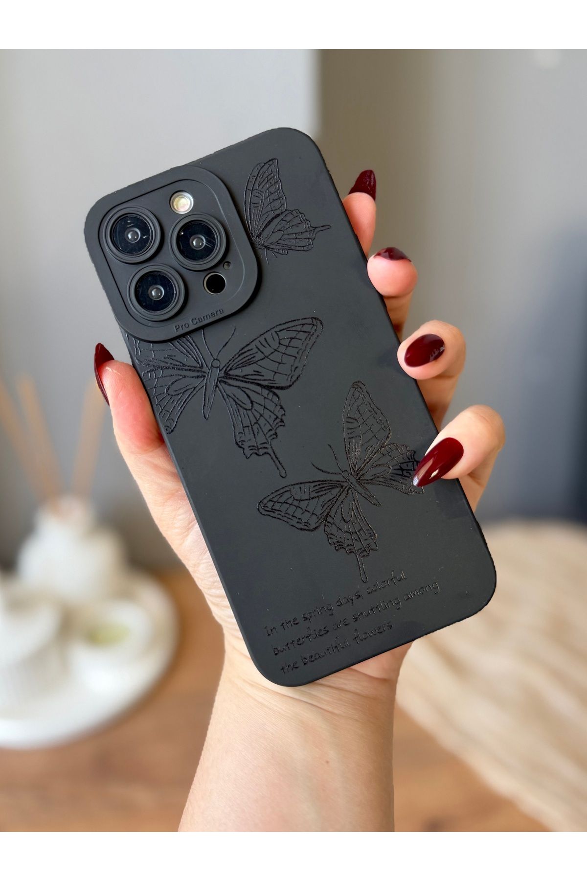 MirazTasarim IPHONE 14 PROMAX KELEBEK DESENLİ SİYAH KILIF