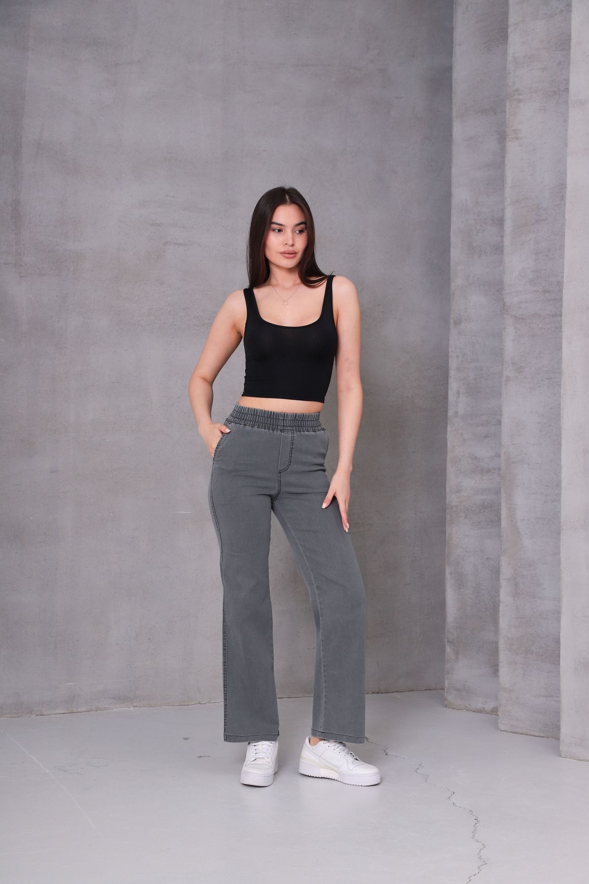GÜLİZİM BUTİK Gülizim Butik Gri Kadın Beli Lastikli Yüksek Bel Likralı Büyük-küçük Beden Jeans