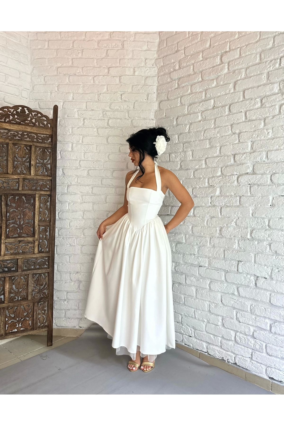 moneta boutique Kadın Boyundan Bağlamalı Altı Tül Bağçıklı Prenses Elbise