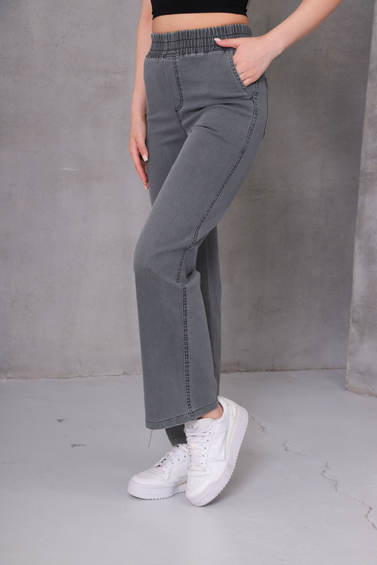 GÜLİZİM BUTİK  Gülizim Butik Gri Kadın Beli Lastikli Yüksek Bel Likralı Büyük-küçük Beden Jeans - Görsel 3