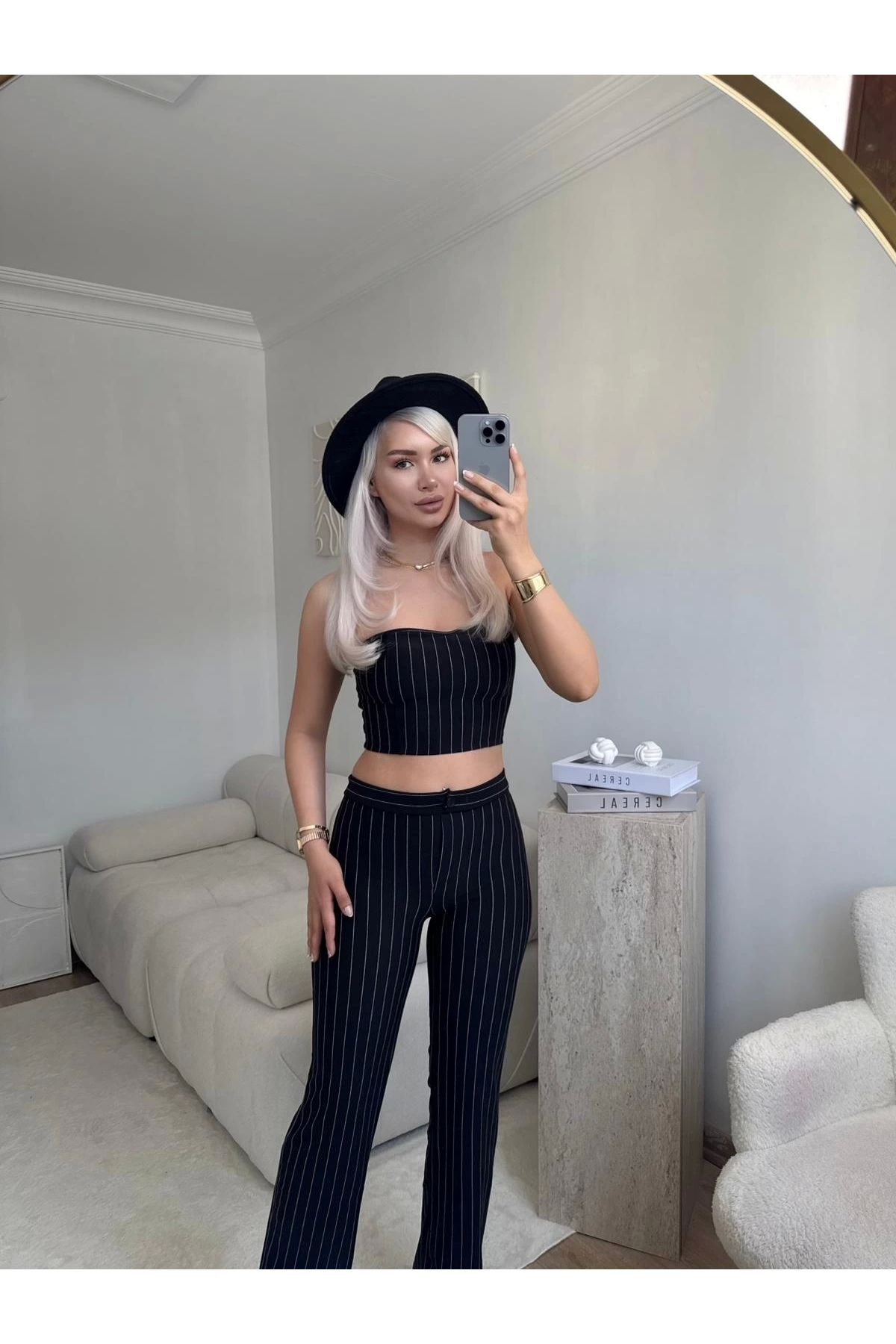 Zora Butik Çizgili Straplez Crop & Pantolon Takım - SİYAH