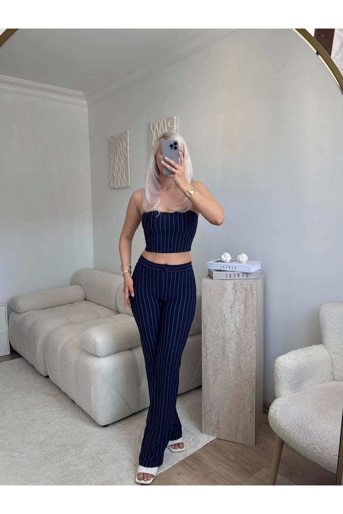 Zora Butik Çizgili Straplez Crop & Pantolon Takım - LACİVERT