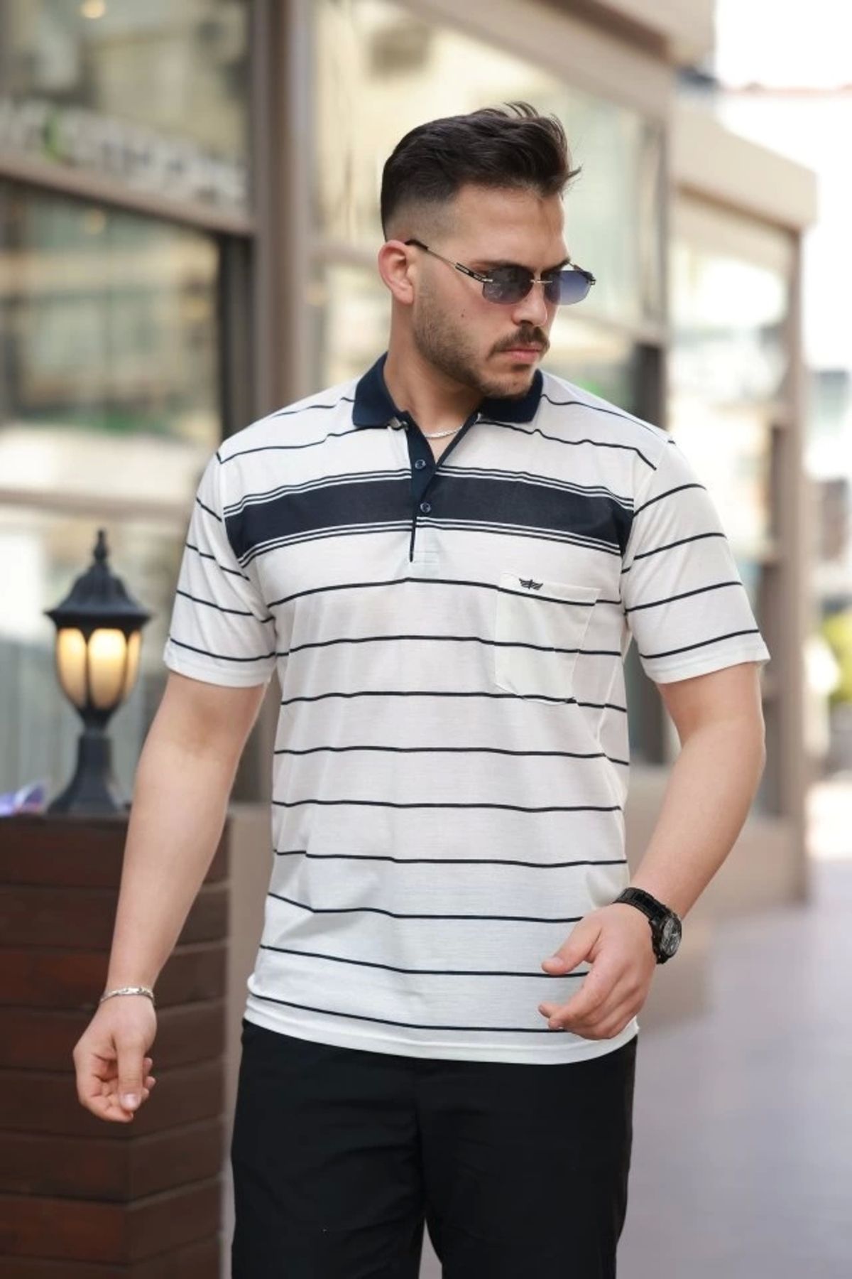 Silerra Erkek Yakalı çizgili Kısa Kollu T-shirt