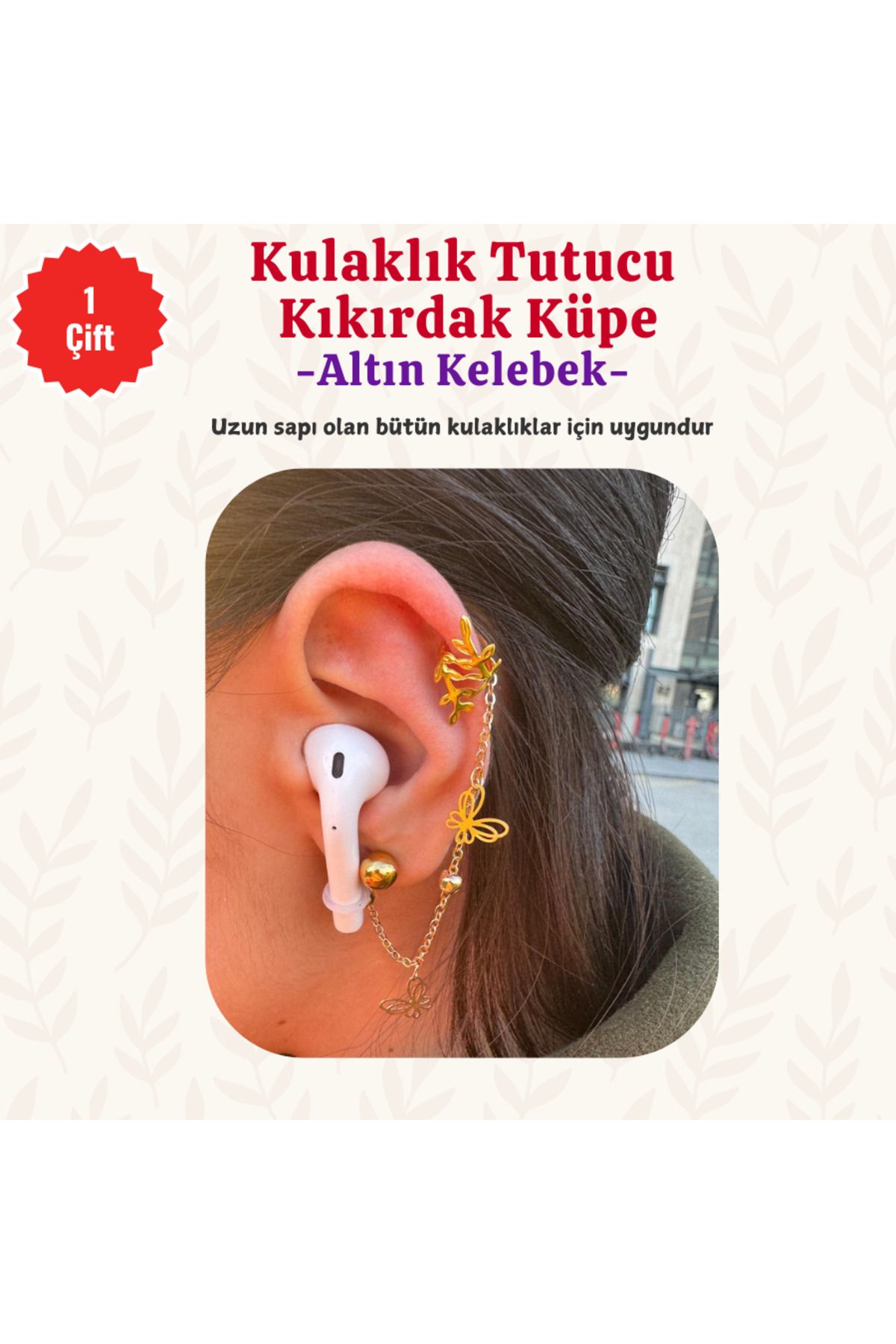 MUTLUYÜZ Hediyelik, Kulaklık Tutucu Kıkırdak Küpe- Altın Kelebek - Bluetooth Kulaklık Aksesuar, Airpods