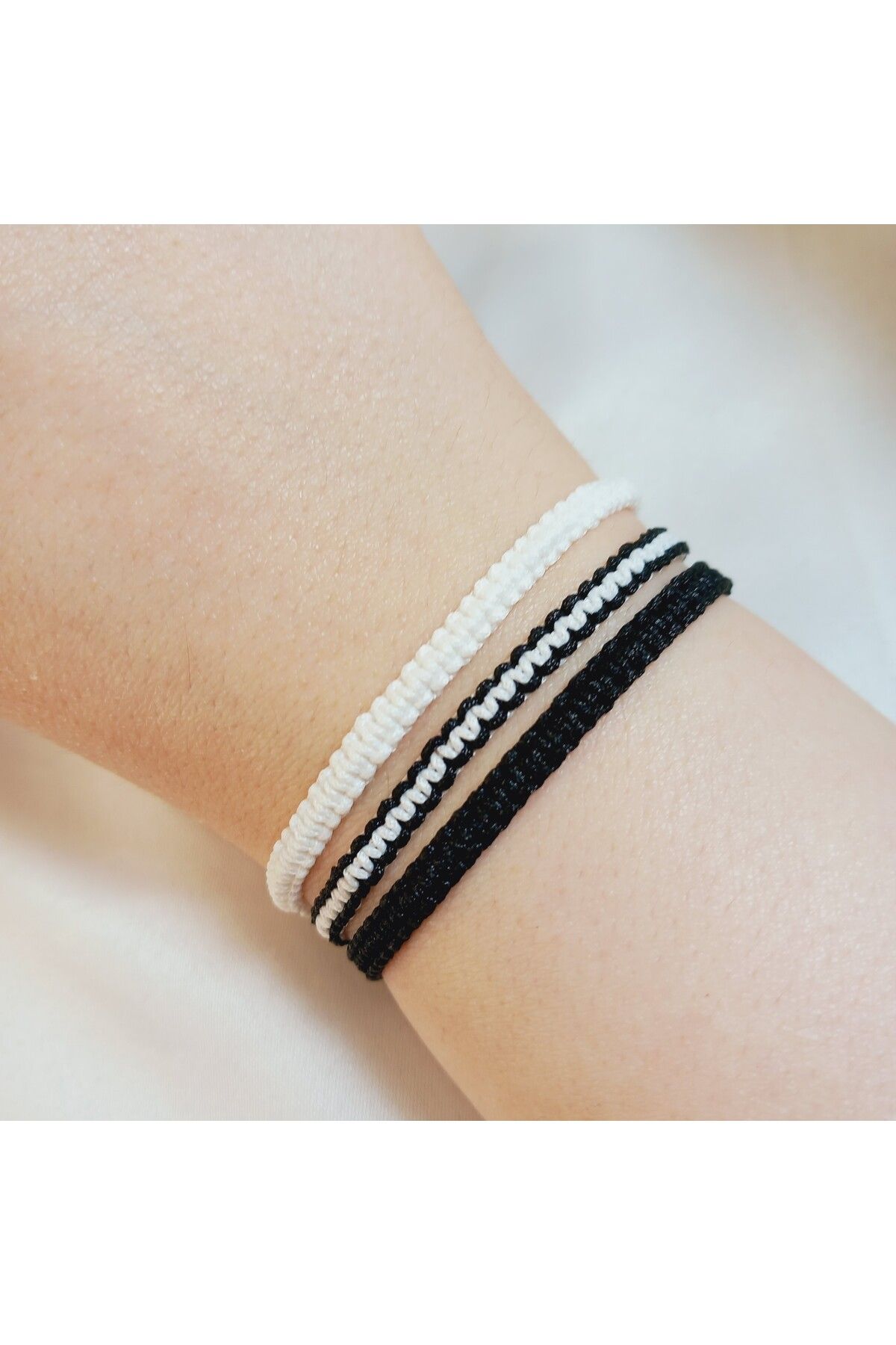 Crystal Atelier Unisex Siyah Beyaz 3’lü Örgü Makrome Bileklik Seti-Ayarlanabilir Taraftar Bileklik-Beşiktaş Bileklik