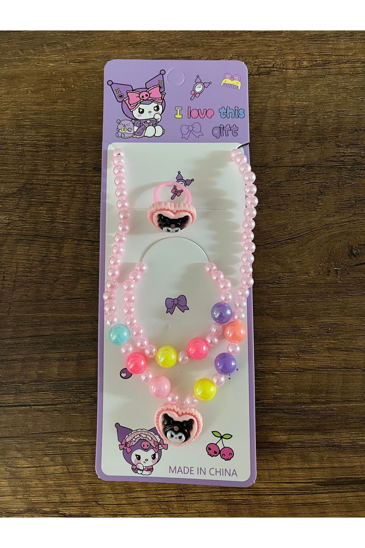 BATU GİYİM Kız Çocuk Sanrio Kuromi Kolye Bileklik Yüzük Seti Karne Bayram Hediyesi