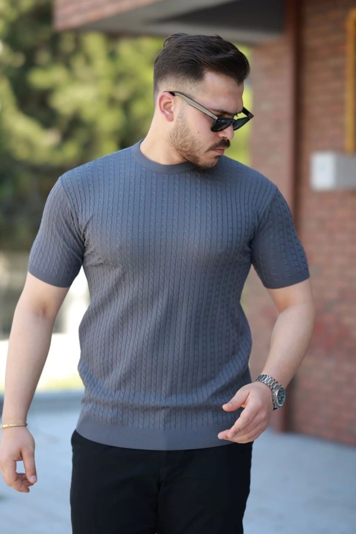 Silerra Erkek Bisiklet Yaka örgü Desenli Kısa örme Triko Kısa Kollu T-shirt