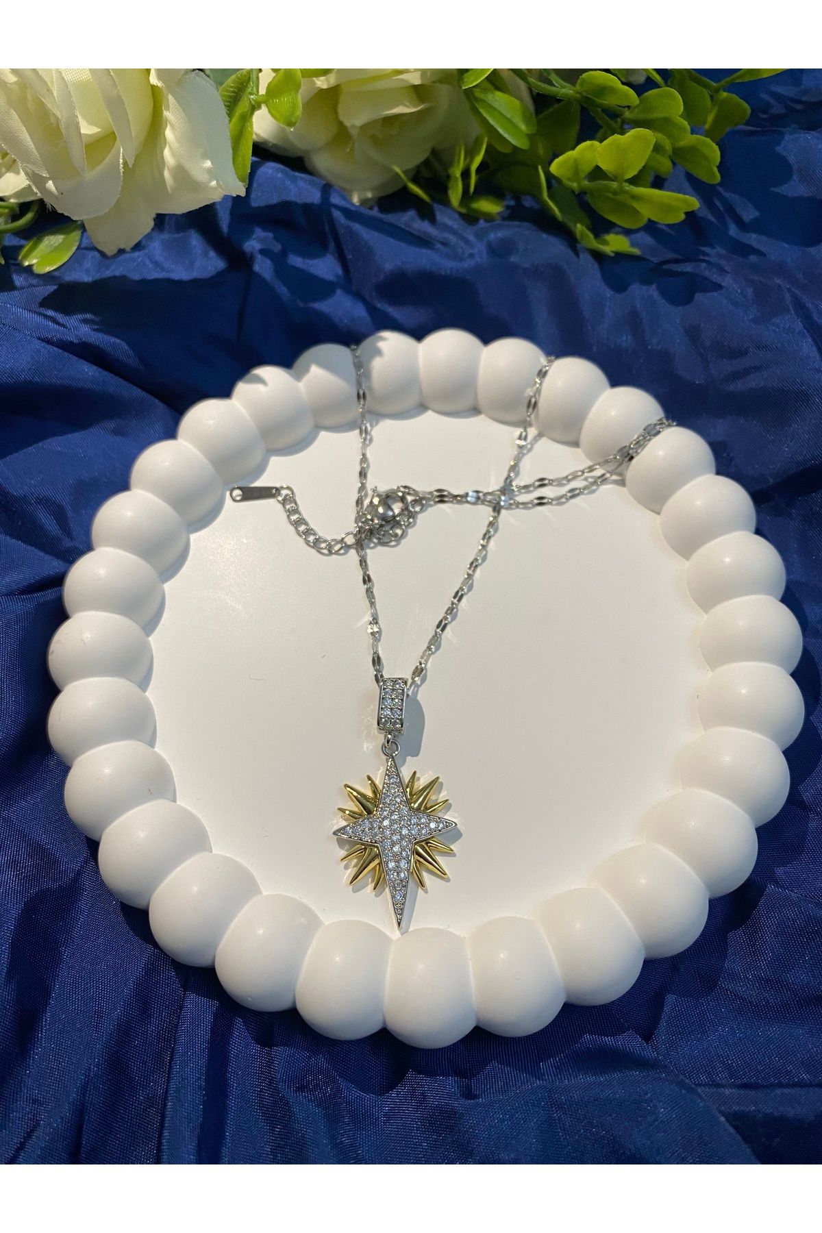asem jewelry ZİRKON TAŞLI KUTUP YILDIZI ÇİFT KATMANLI ÇELİK KOLYE
