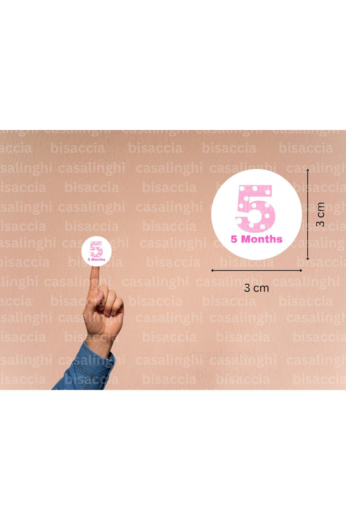 CASALINGHI 3 Cm (95 Adet) İngilizce 5 Aylık Etiketi Pembe 5 Months Çıkartması Puanlı Beş Aylık Yuvarlak Mat