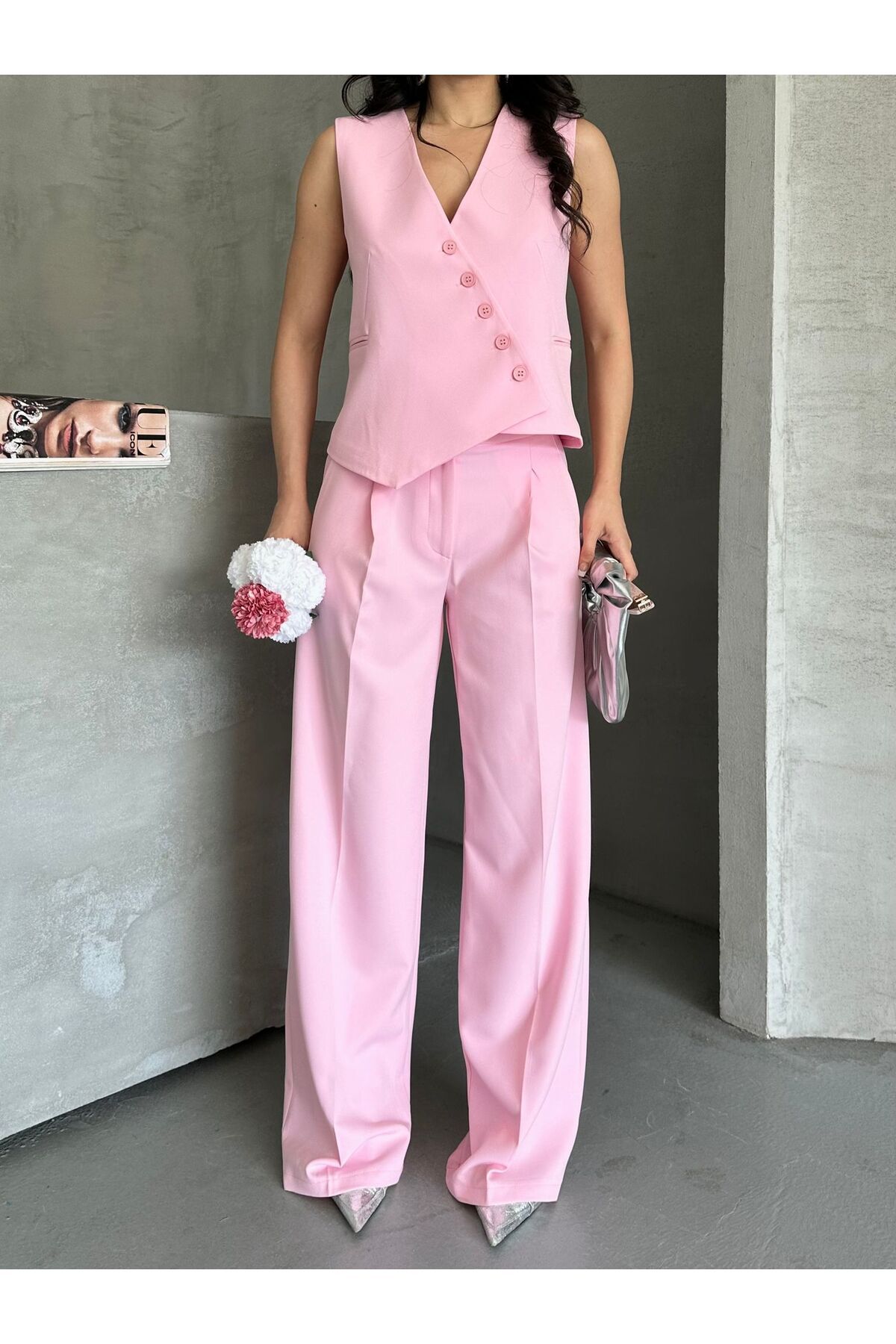 Zaya Collection Kadın Yüksek Bel Pantolonlu Çapraz Düğmeli Tasarım Yelek Pantolon Takım