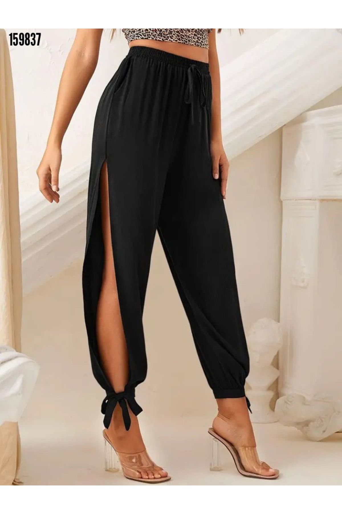 BZ Boutique Beli Lastikli Bağcıklı Yırtmaçlı Büyük Beden Viskon Pantolon 159837