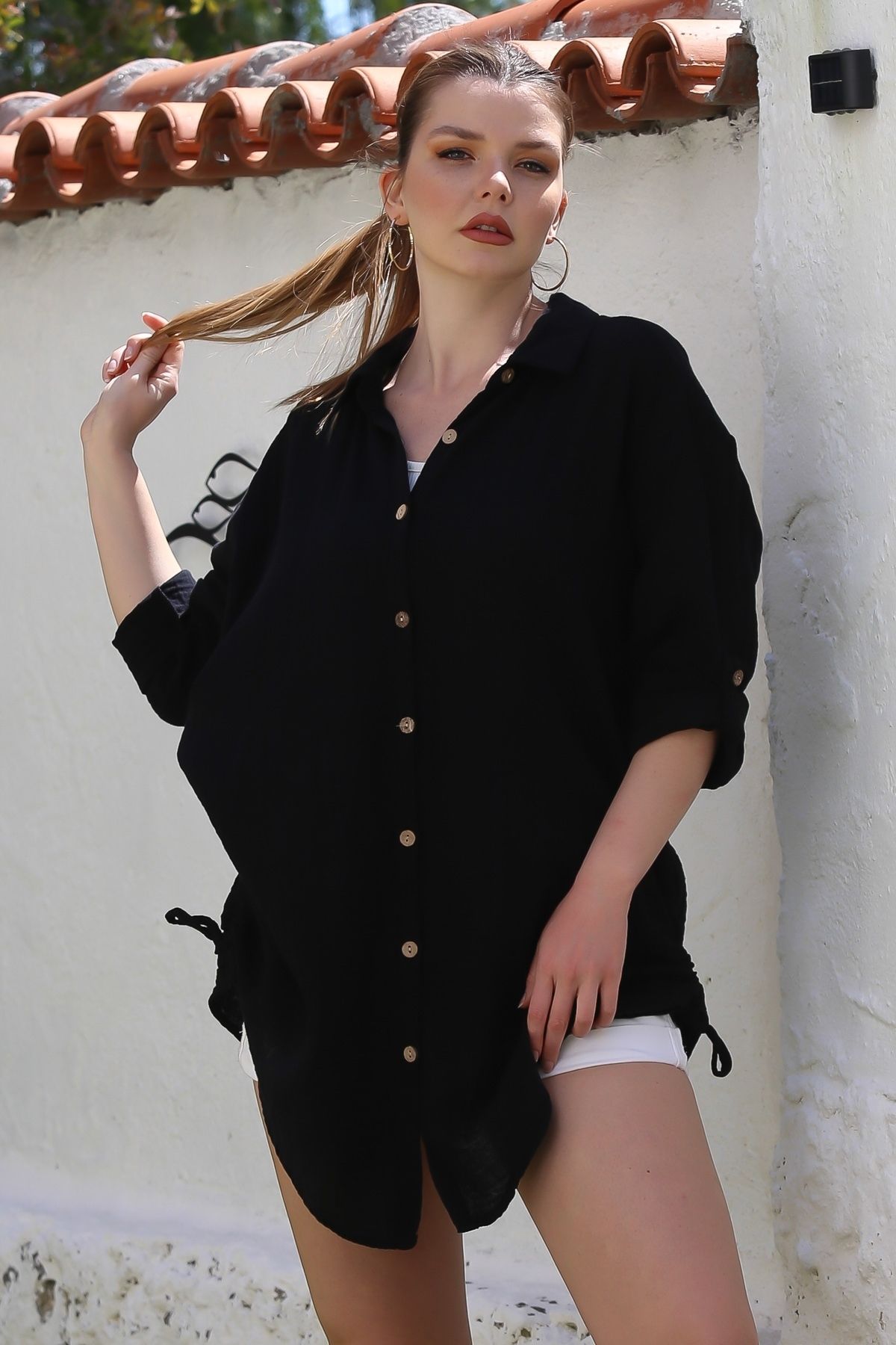 Chiccy Siyah Gömlek Yaka Düğmeli Uzun Kollu Yanları Büzgülü Casual Müslin Oversize Dokuma Gömlek 90 68
