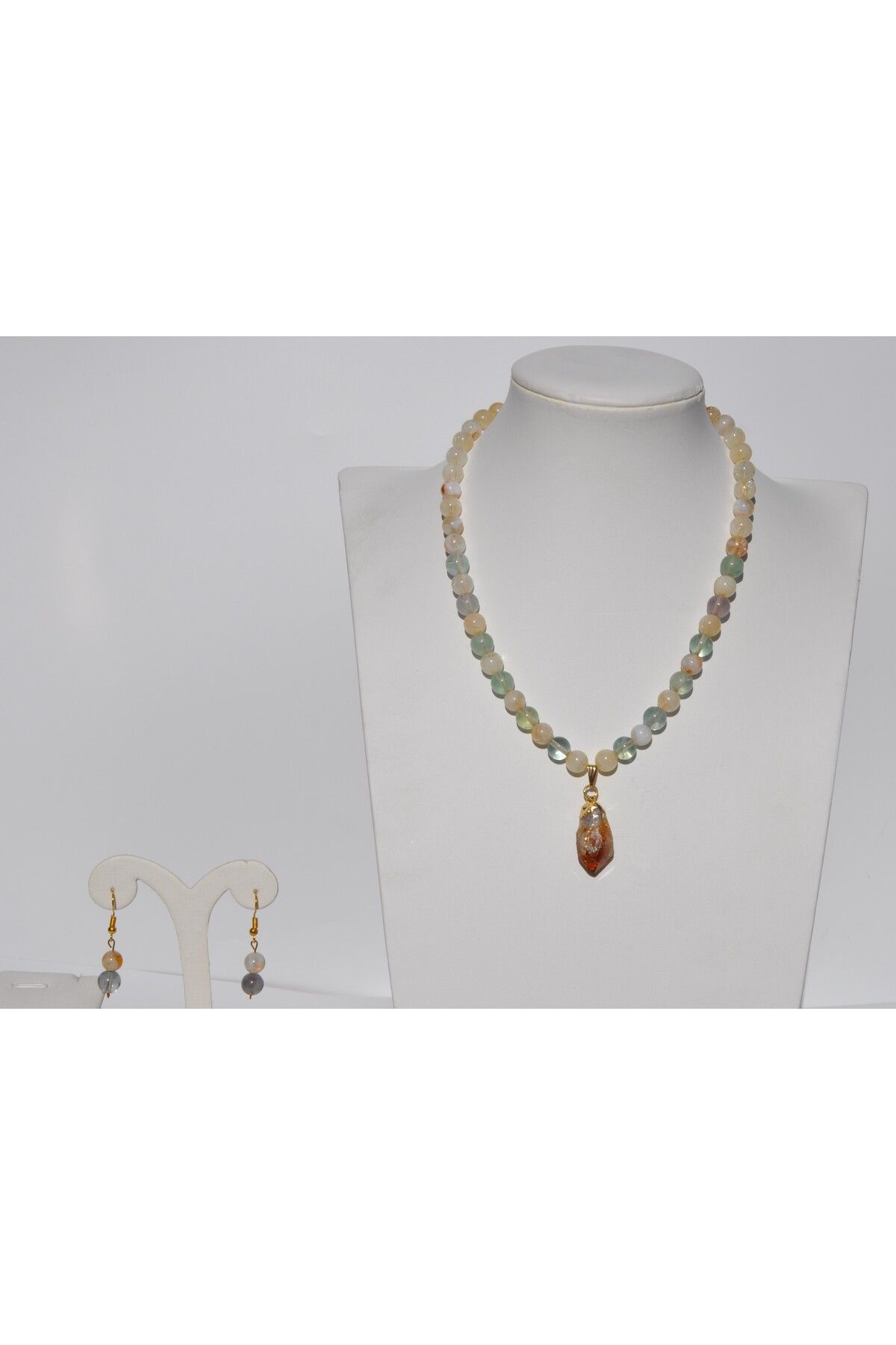 Nilfu Atelier SİTRİN FLORİT DOĞAL TAŞ KOLYE KÜPE SETİ